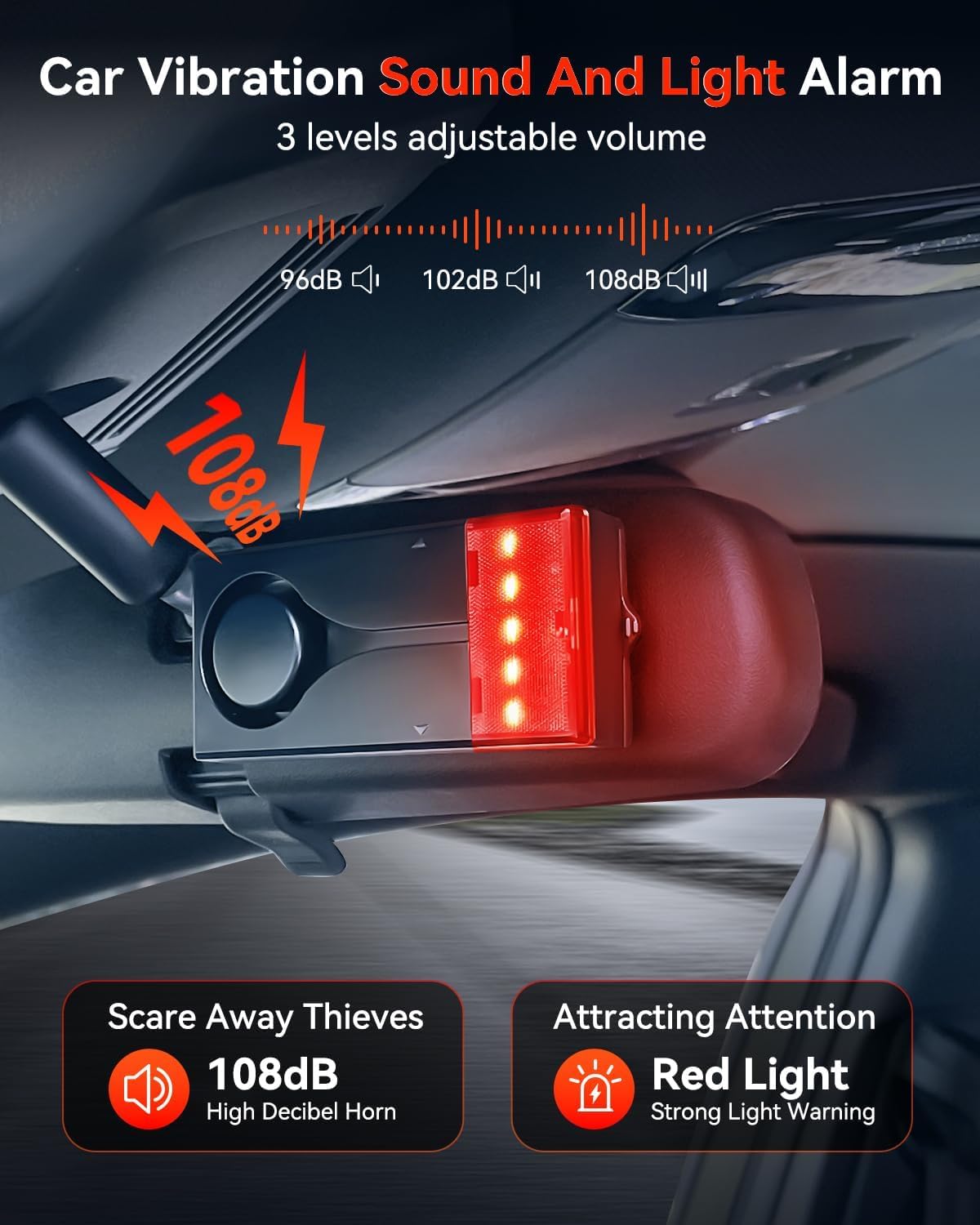 Auto-Diebstahlschutz-Vibrationsalarm, ELECTOP 108 dB Auto-Vibrationsalarm mit Ton und Licht, kabelloser Fernalarm für Autos, Sicherheitslicht für den Innenraum mit 2 Alarmgeräten