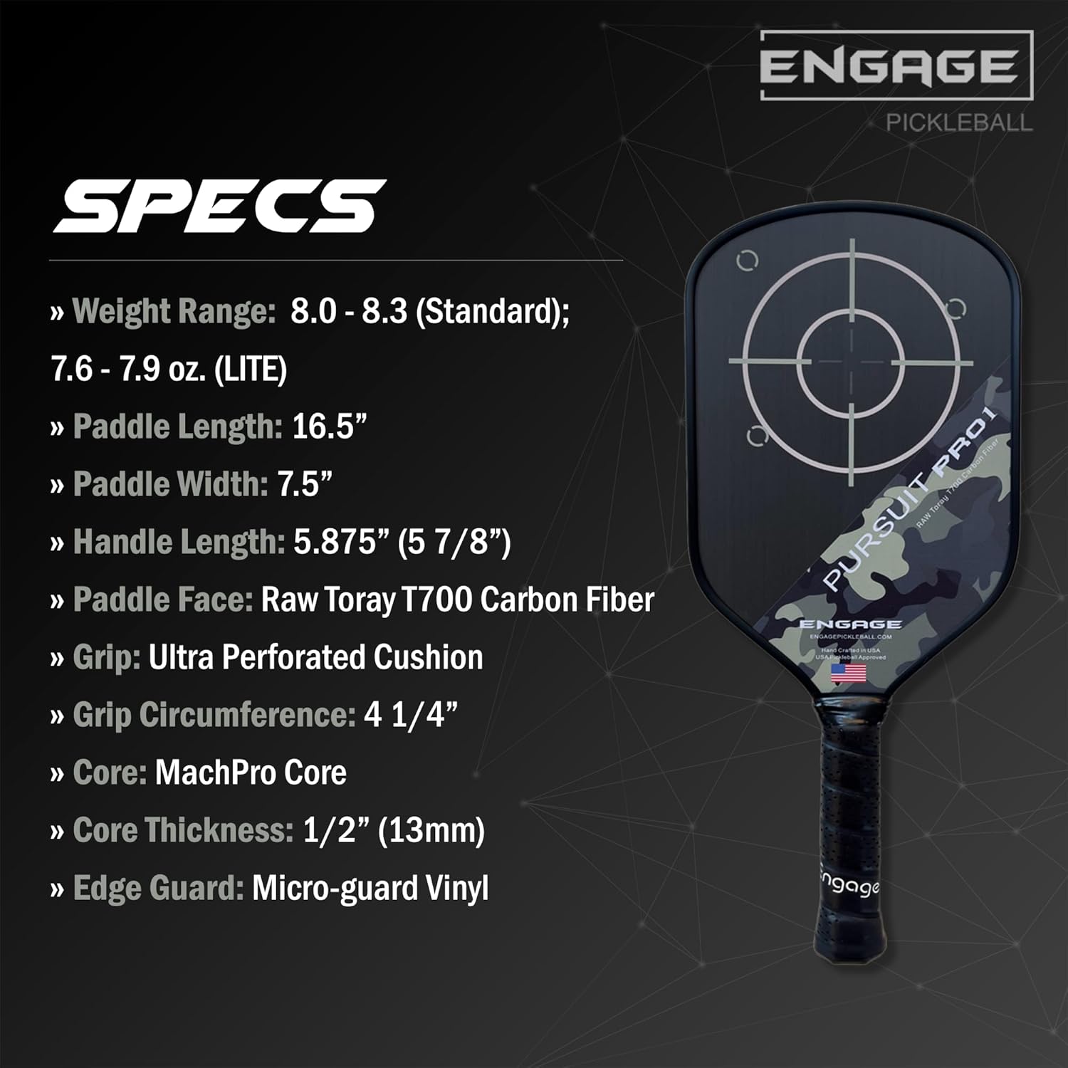 Engage Pursuit Pro1 Pickleball Paddle - Raw T700 Toray Carbon Fiber for Extreme Spin - MachPro Core for Maximum Power & Control (Camo, Light Weight (7.6-7.9oz))