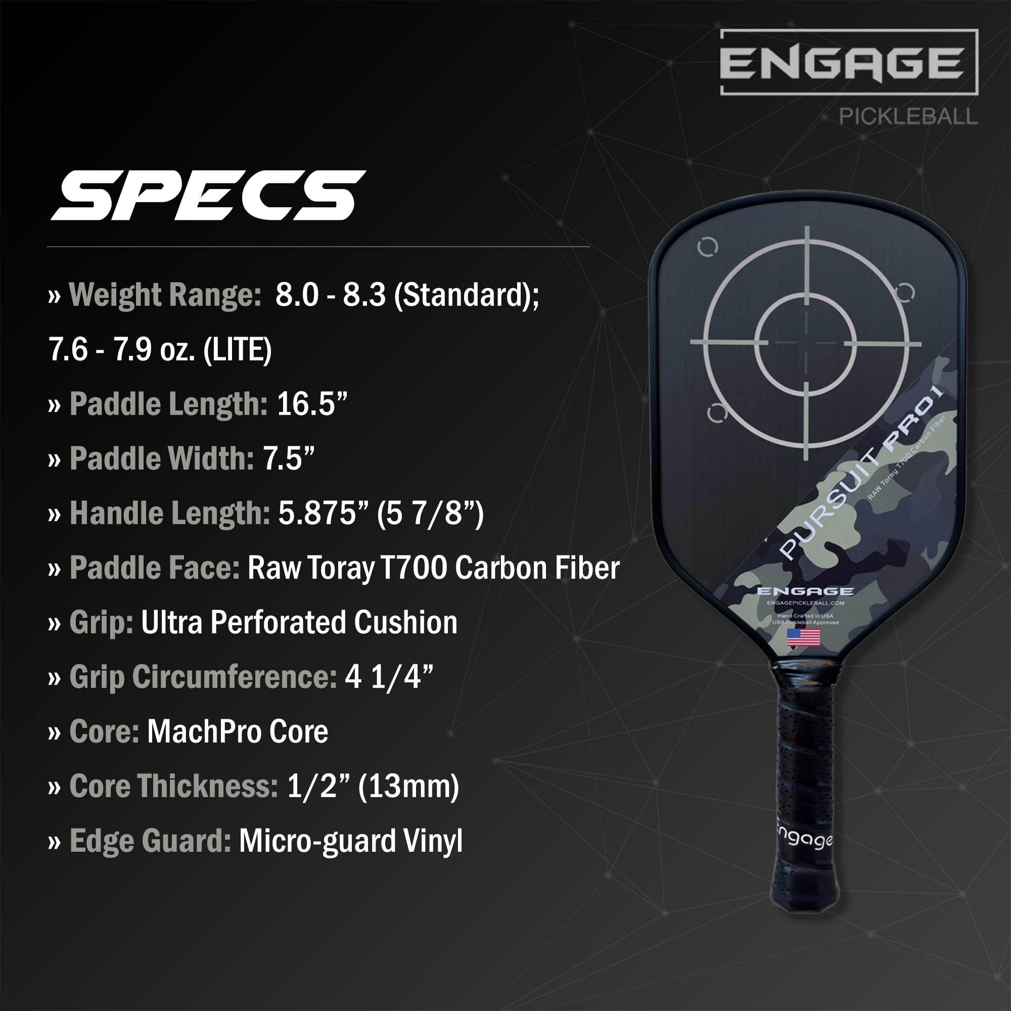 Engage Pursuit Pro1 Pickleball Paddle - Raw T700 Toray Carbon Fiber for Extreme Spin - MachPro Core for Maximum Power & Control (Camo, Standard Weight (8.0-8.3oz))