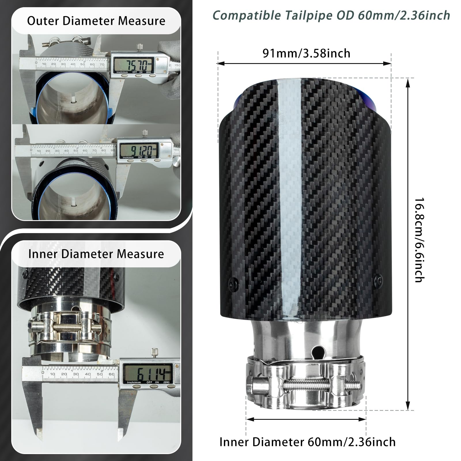Catekro 60mm Terminale Scarico Auto Universale, 6,6 Pollici di Lunghezza Uscita Scarico in Acciaio Inox 304 & Fibra di Carbonio Tubo Terminale Marmitta Sportivo Fissare con Bulloni Chiave (Blu Nero)