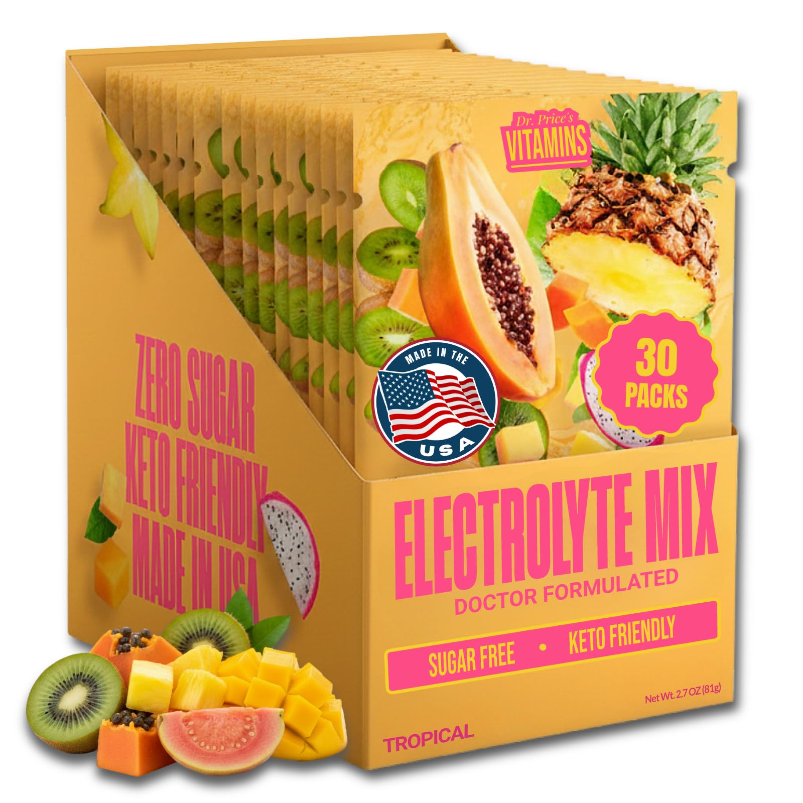 Dr. Price’s Electrolytes Hydration Powder Packets – Tropical, 30 Packs | Sugar Free Electrolyte Drink Mix, 72+ Trace Minerals, Manganese | Keto Electrolytes, Vegan, Doctor-Formulated, Made in USA