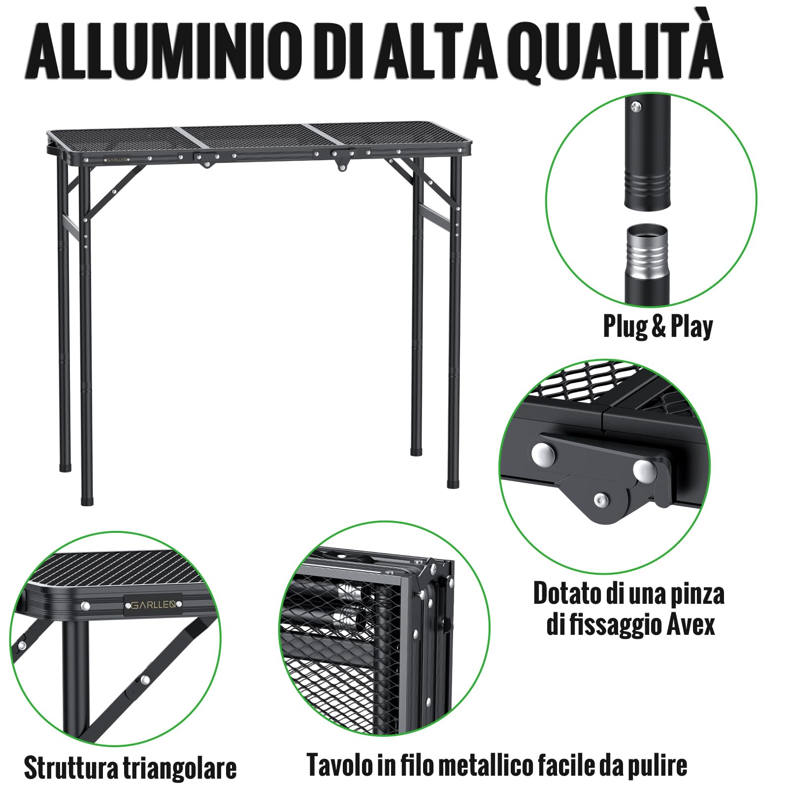 GARLLEN Tavolo Pieghevole per Barbecue,90x40 cm,3 Altezze Regolabili (27/51/74 cm),Tavolo da Giardino in Alluminio,Nero,per Campeeggio Picnic e Spiaggia