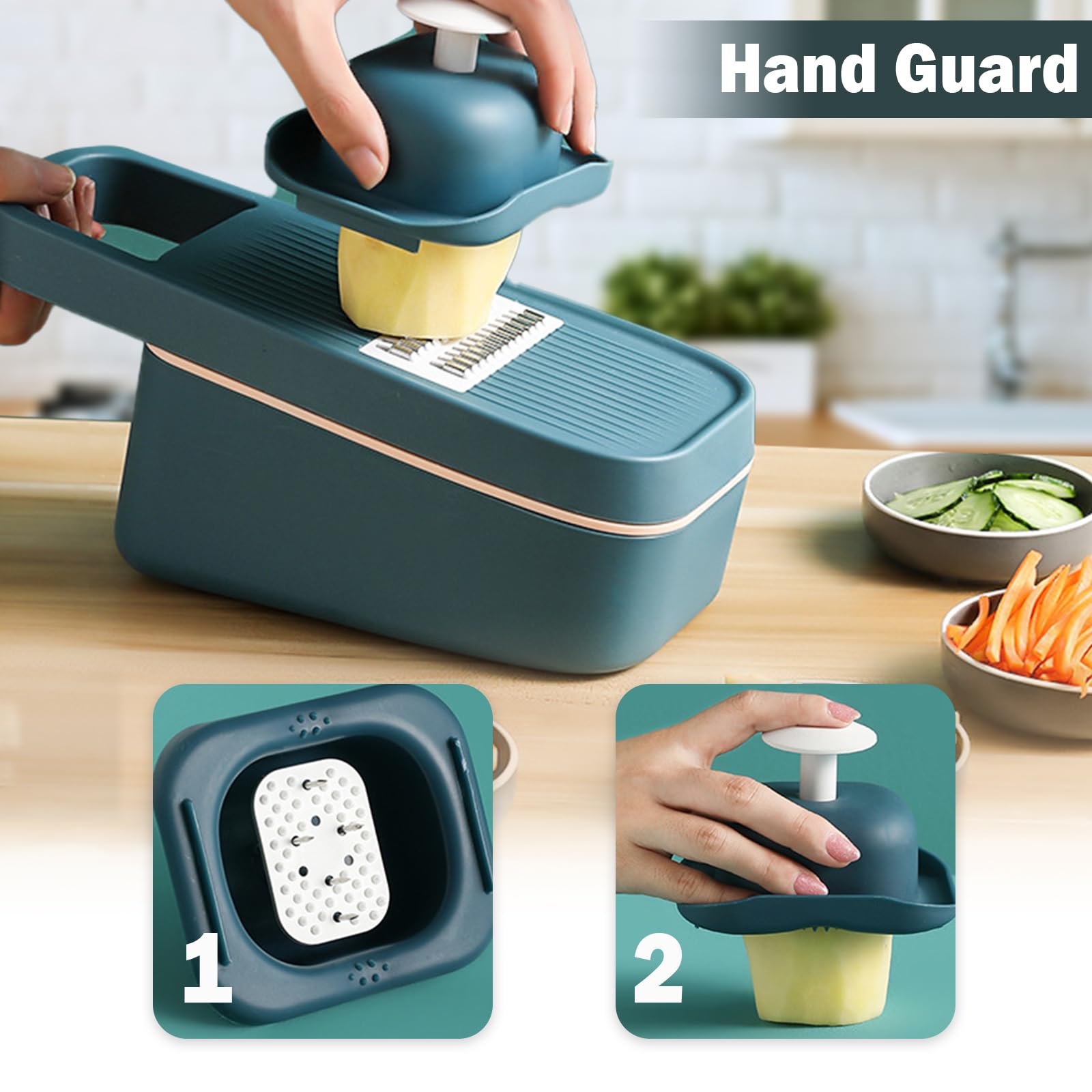 Rallador y rebanador multifuncional 4 en 1, cuchillas de acero inoxidable 304, con recipiente de almacenamiento de alimentos y protector de manos, perfecto para rallar y cortar varios ingredientes