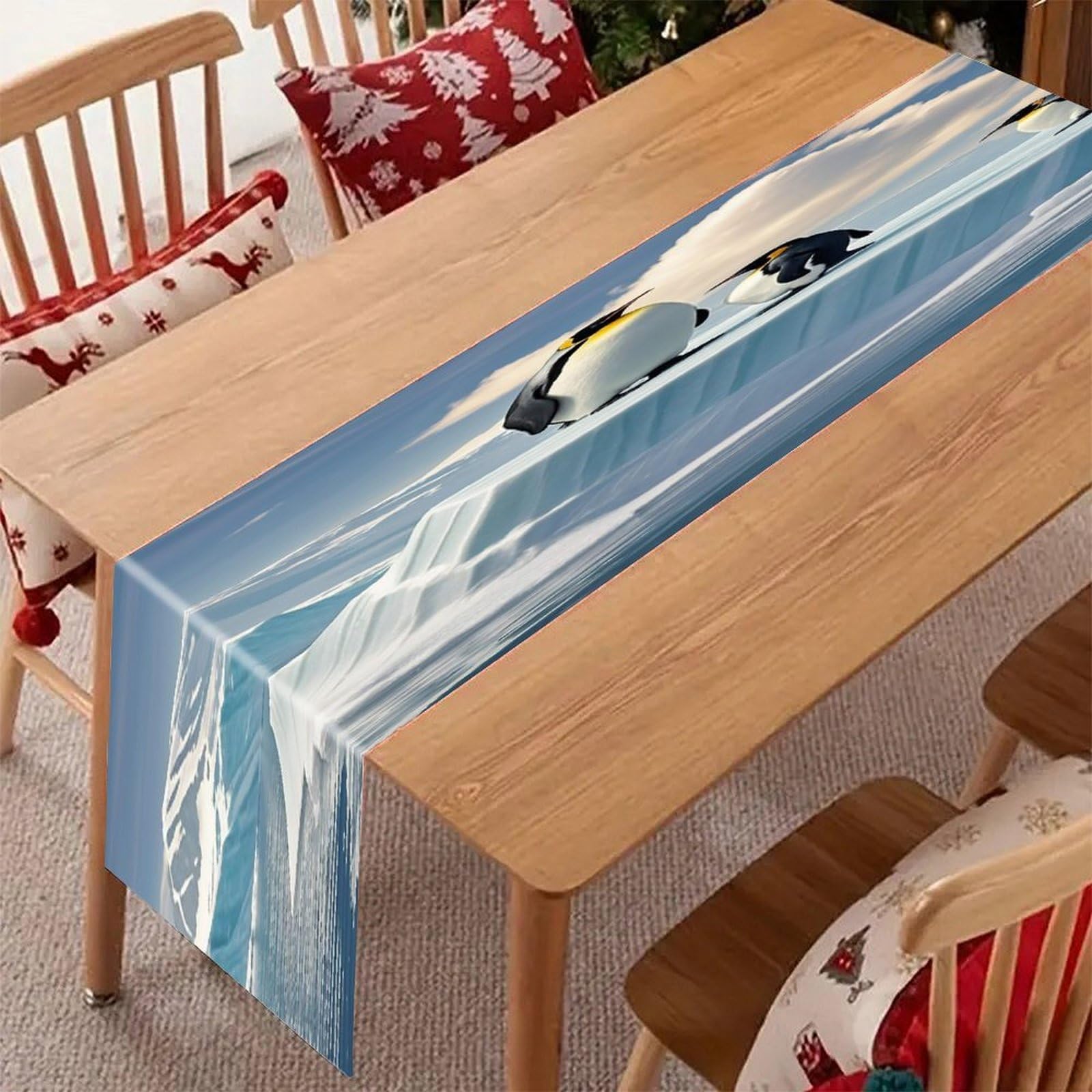 Penguins On The Iceberg Table Runner Modern Art Farmhouse Linen Table Runner Dresser Scarf Seasonal Kitchen Dining Table Decoration Dresser Scarves for Home Party Decor 13x70 Inch