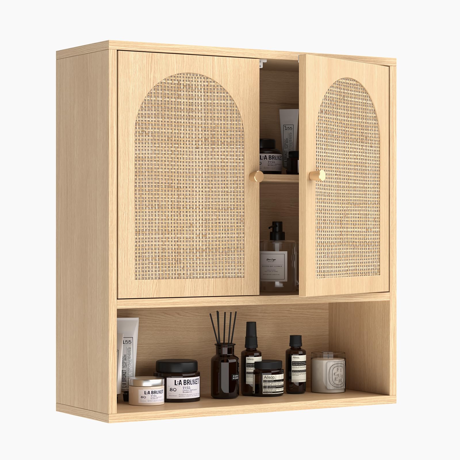 Bonnlo Armoire Murale de Salle de Bain en Rotin, 2 Portes & 1 Étagère, 58×20.4×62cm, Meuble de Rangement Suspendu en Chêne pour Salle de Bain, Cuisine, Salon