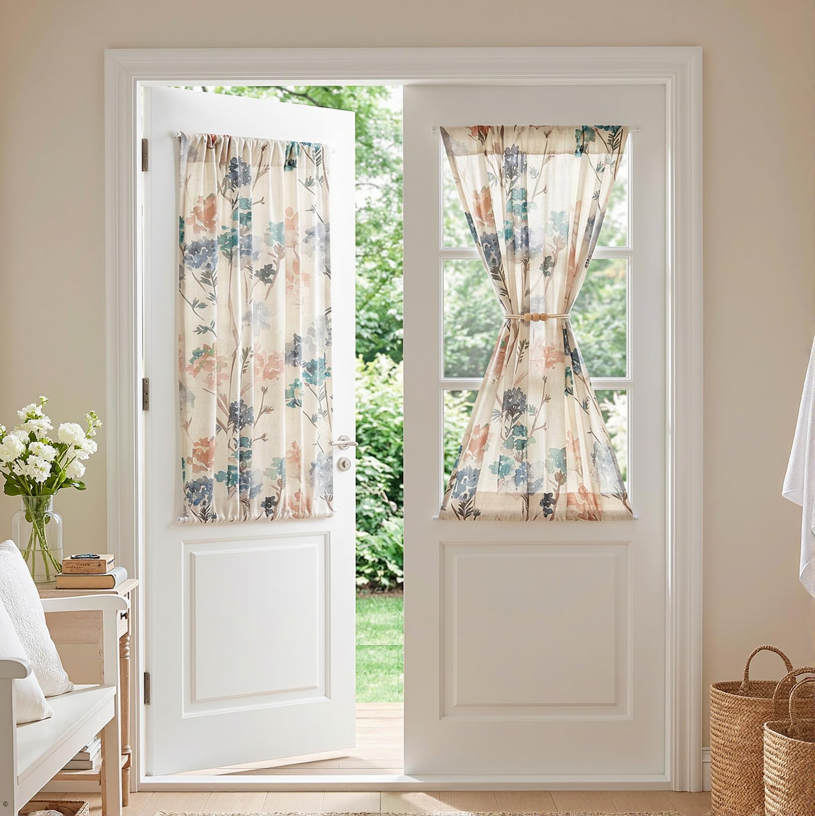 MYSKY HOME Floral Linen French Door Curtains 40 inch Long 2 Panels for Front Door Light Filtering Privacy Semi Sheer Window Curtains with Rod Pocket, Brown, 24" W Each Panel
