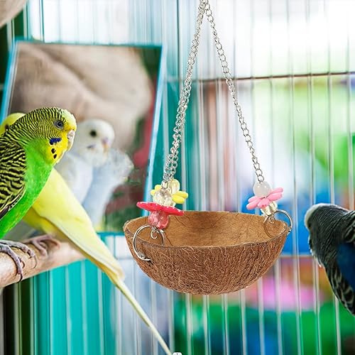 Miniatura 7 de LOGOFUN Caja de anidación de periquitos con cáscara de coco natural, jaula de cama colgante, jaula de cama colgante, juguetes para budgie, cacatúa,