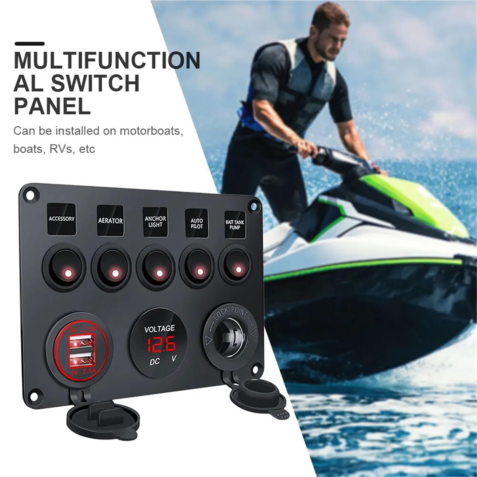 Panneau de commande d'interrupteur d'éclairage LED 12 V à 5 gangs, voltmètre, 2 ports USB, circuit de contrôle LED marche/arrêt for camping-car, camion, bateau, VTT, caravane(Blauw)