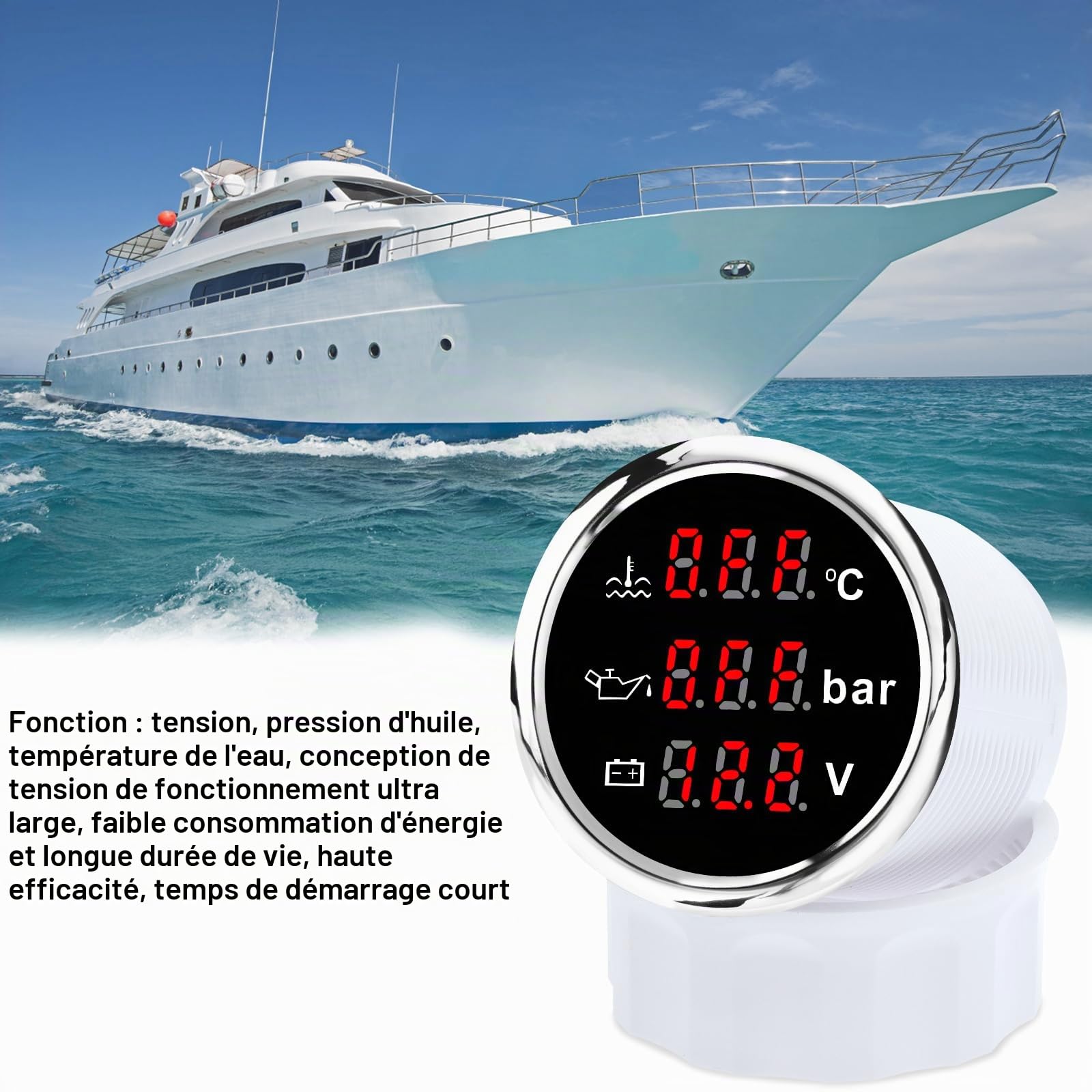 Geloo Jauges Triple universelles 52mm Jauge 3-en-1 voiture bateau liquide de refroidissement température de l'eau pression d'huile jauge de niveau de carburant avec alarme pour voiture Marine Yacht