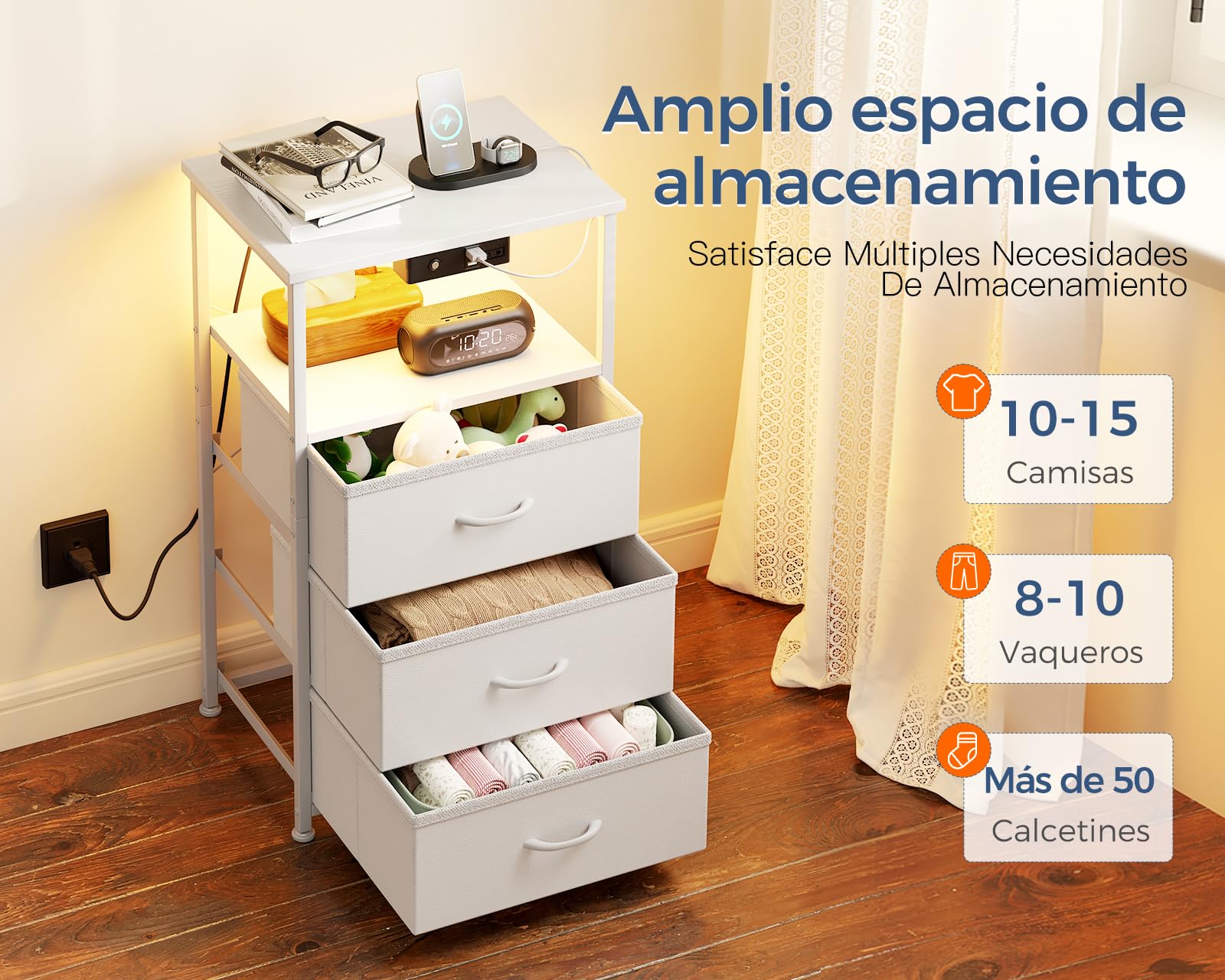 Coleshome Mesitas de Noche Blanco, con Enchufe, 2 Puertos USB y Tira de Luces LED, Mesita de Noche con 3 Cajones de Tela y 2 Espacio de Almacenamiento, 40 x 30 x 70 cm, 1 Paquete