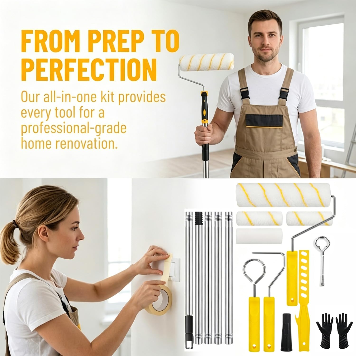Rullo Per Pittura,Set Di Rulli Per Vernice,Utilizzabili Per Dipingere Pareti e Come Strumenti Per Il Disegno,Con Manico Telescopico In Acciaio Inox,Adatto a tutti i tipi di balcone (24, nero-giallo)
