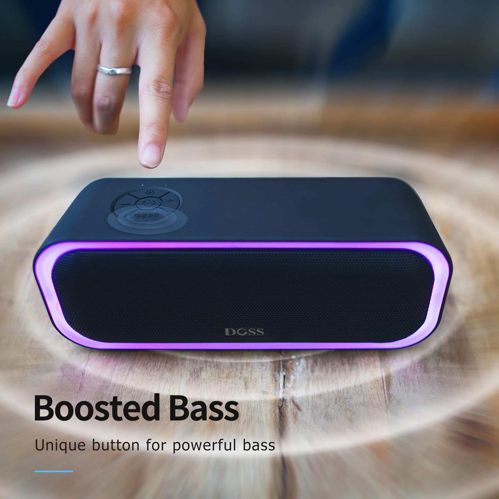 DOSS Bluetooth Lautsprecher, SoundBox Pro Musikbox, 20W, Mehrfarbige Lichter, IPX6 Wasserdicht, 20H Akku, kabellose Stereokopplung, Box für Handy, Draußen, Strand -Schwarz
