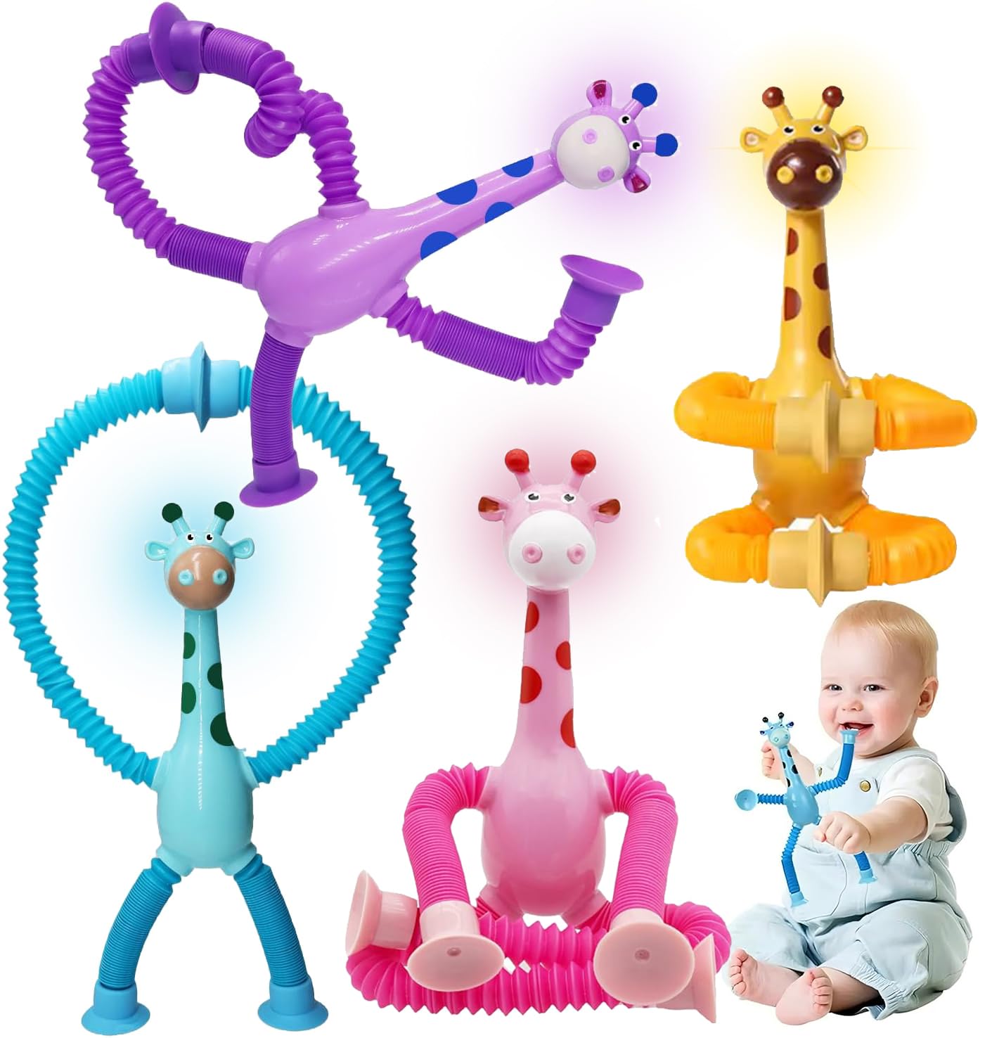 EHIOG 4 PCS Telescopic Suction Cup Giraffe Toy, Novel Funny Fidget Toys, Cartoon Telescopic Pipe Design, Telescopic Toy, for Kids Shape Changing Cartoon Interactive Decompress Educational Sensory
