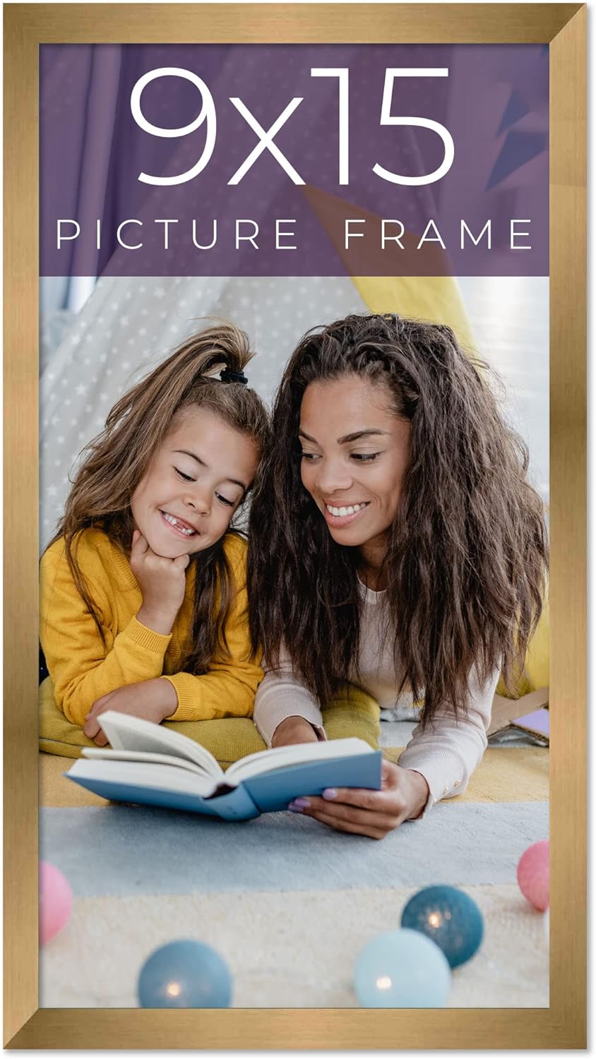 9x15 Frame Gold Bronze Solid Wood Picture Frame Width 0.75 Inches | Interior Frame Depth 0.5 Inches | Complete with UV Acrylic Plexiglass, Foam Board Backing & Hanging Hardware