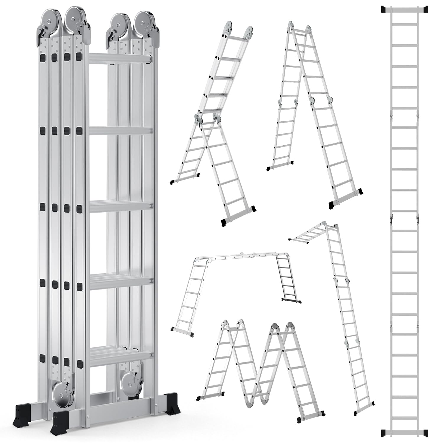 Wielofunkcyjna drabina 4 x 5 stopni 578 cm, 7 w 1 aluminiowa drabina wielofunkcyjna do 150 kg, składana drabina przegubowa, wielofunkcyjna drabina domowa