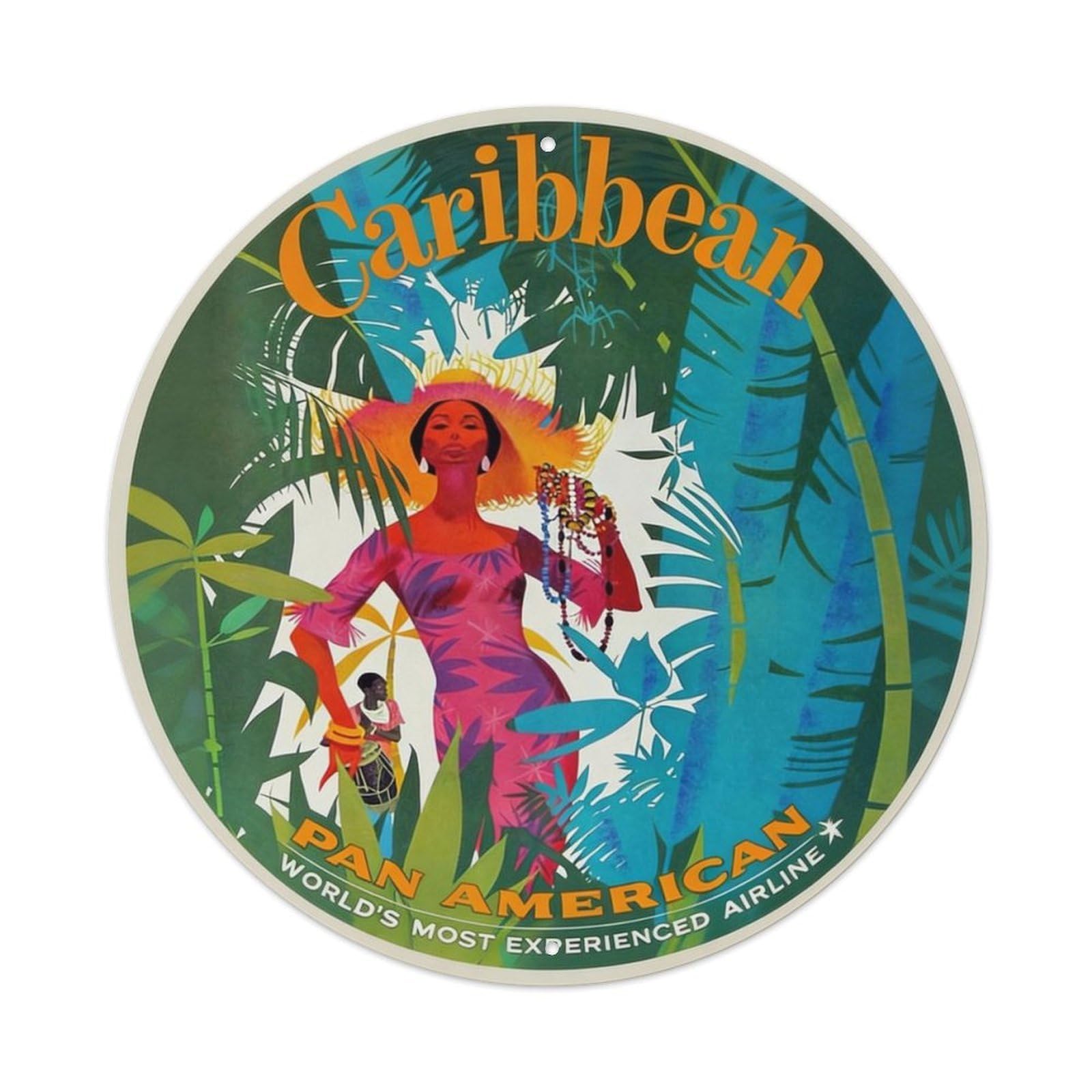 Retro Travel Caribbean Metal Tin Sign Plaque Wall Decor for Cafe, Club, Garden Round Metal Poster 8x8Inch