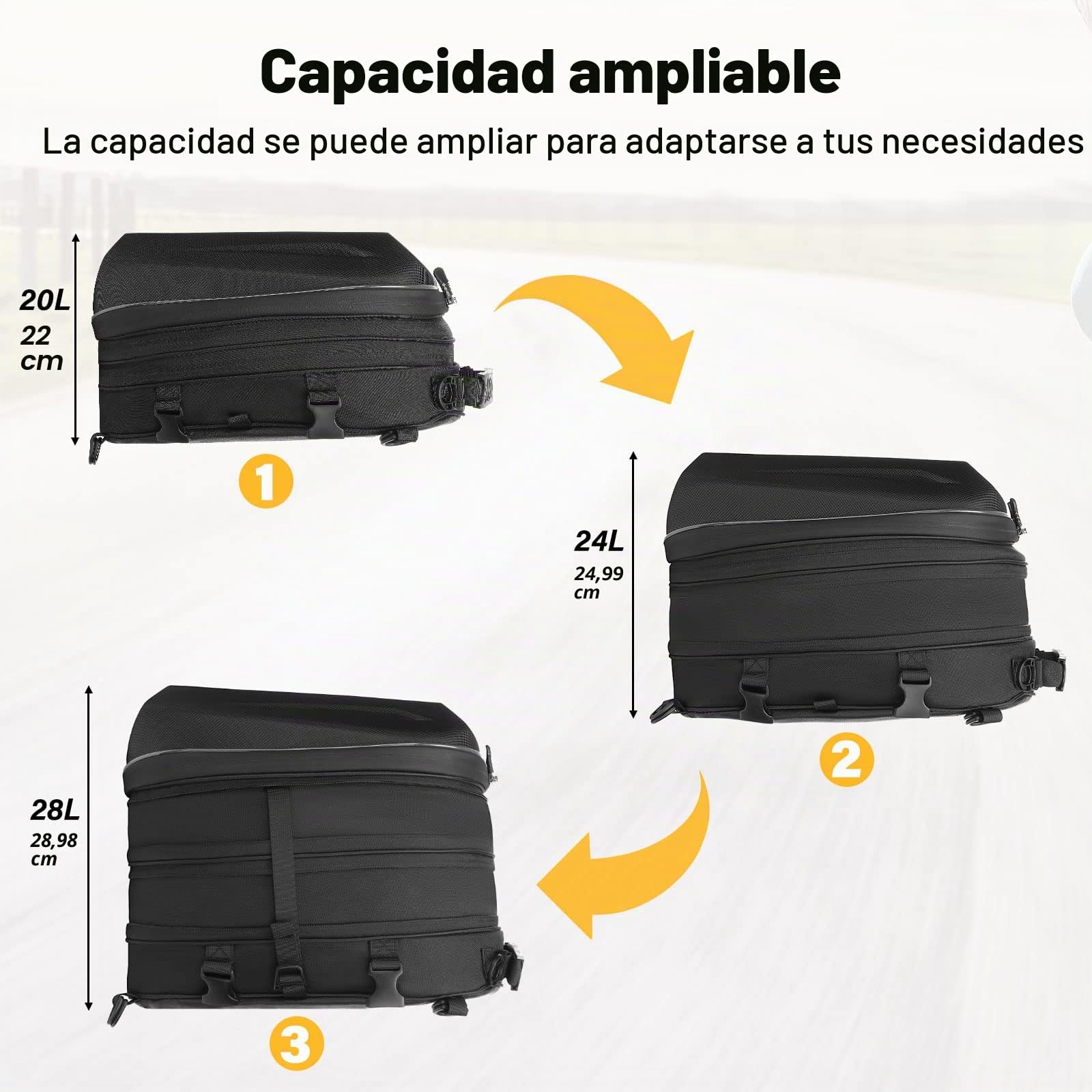 MOSISO Motorcycle Tail Bolsa, Mochila Moto Bolso Casco con Capacidad Ampliable 20L-28L, Impermeable Moto Asiento Trasero Almacenaje Equipaje Tool Gear Bolsa Transporte con Asa&Cubierta Lluvia, Negro