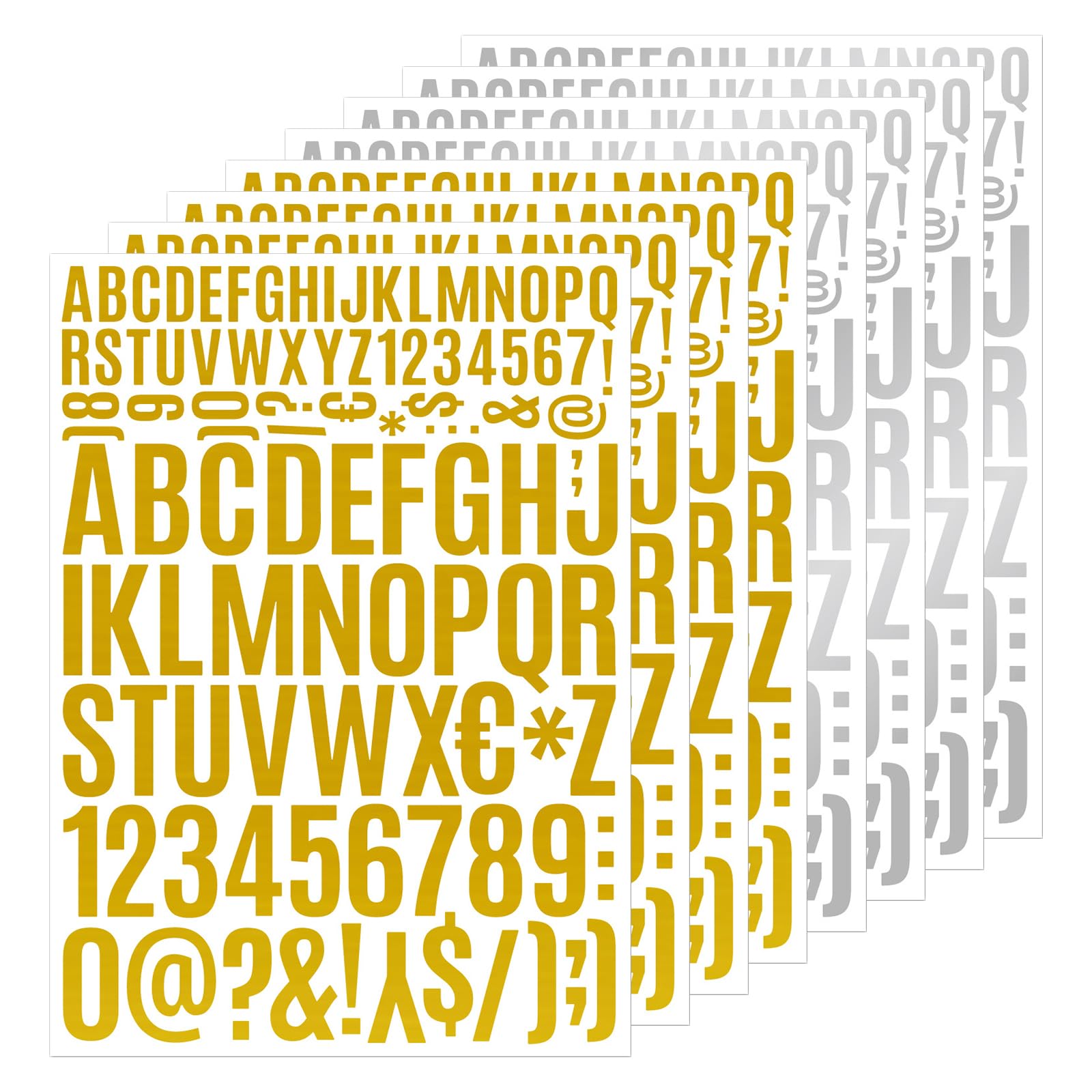 Bekecidi Calcomanías de letras plateadas y doradas, 8 hojas de calcomanías de vinilo con letras adhesivas, calcomanías autoadhesivas del alfabeto, letras adhesivas impermeables para buzón, póster,