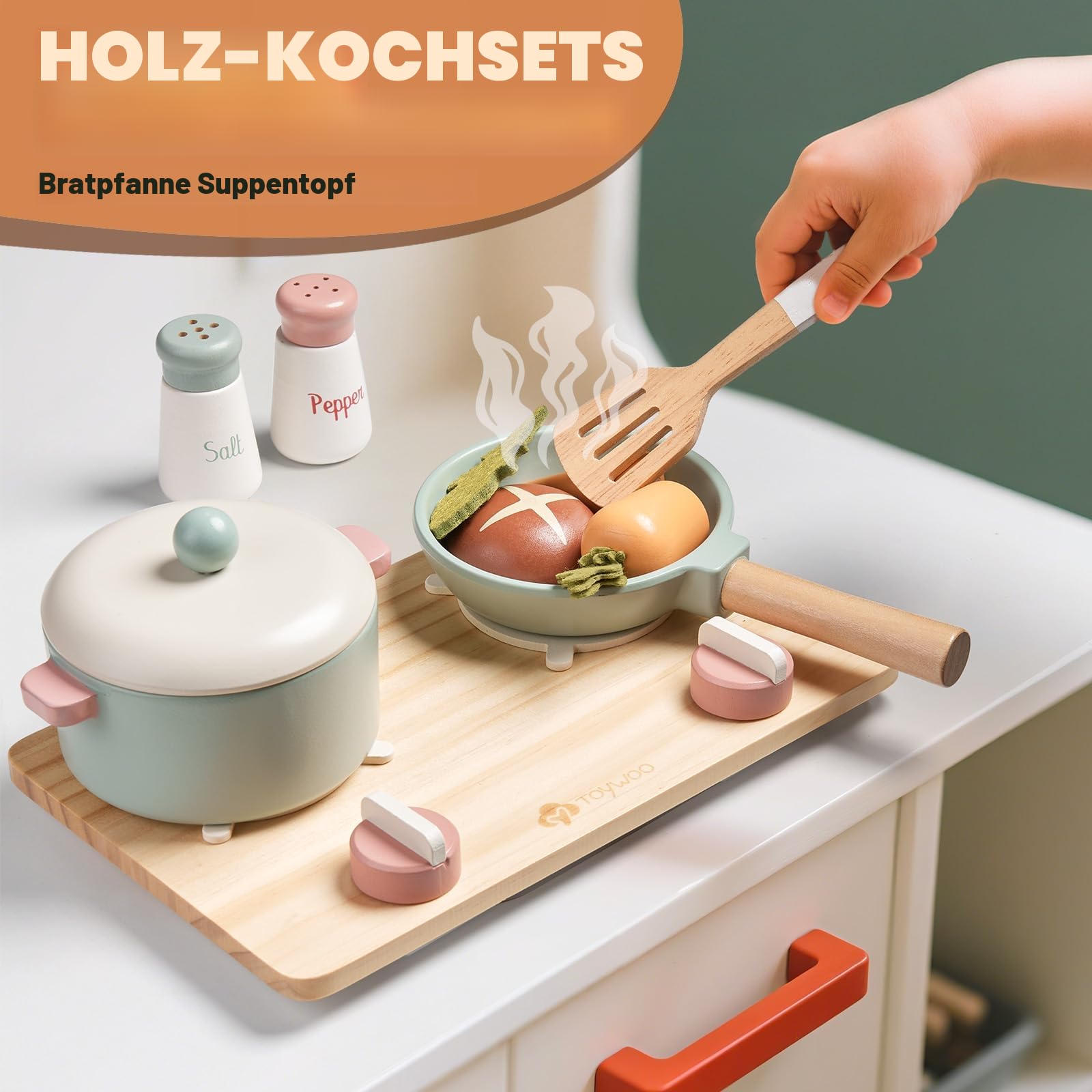 Holzspielzeug-Küchenzubehör, Topf- und Pfannenspielset für Kinder, Küchenspielset mit Spielzeugherd, Küchenspiele für Kleinkinder, Kinder-Essensspielzeug, 3-5