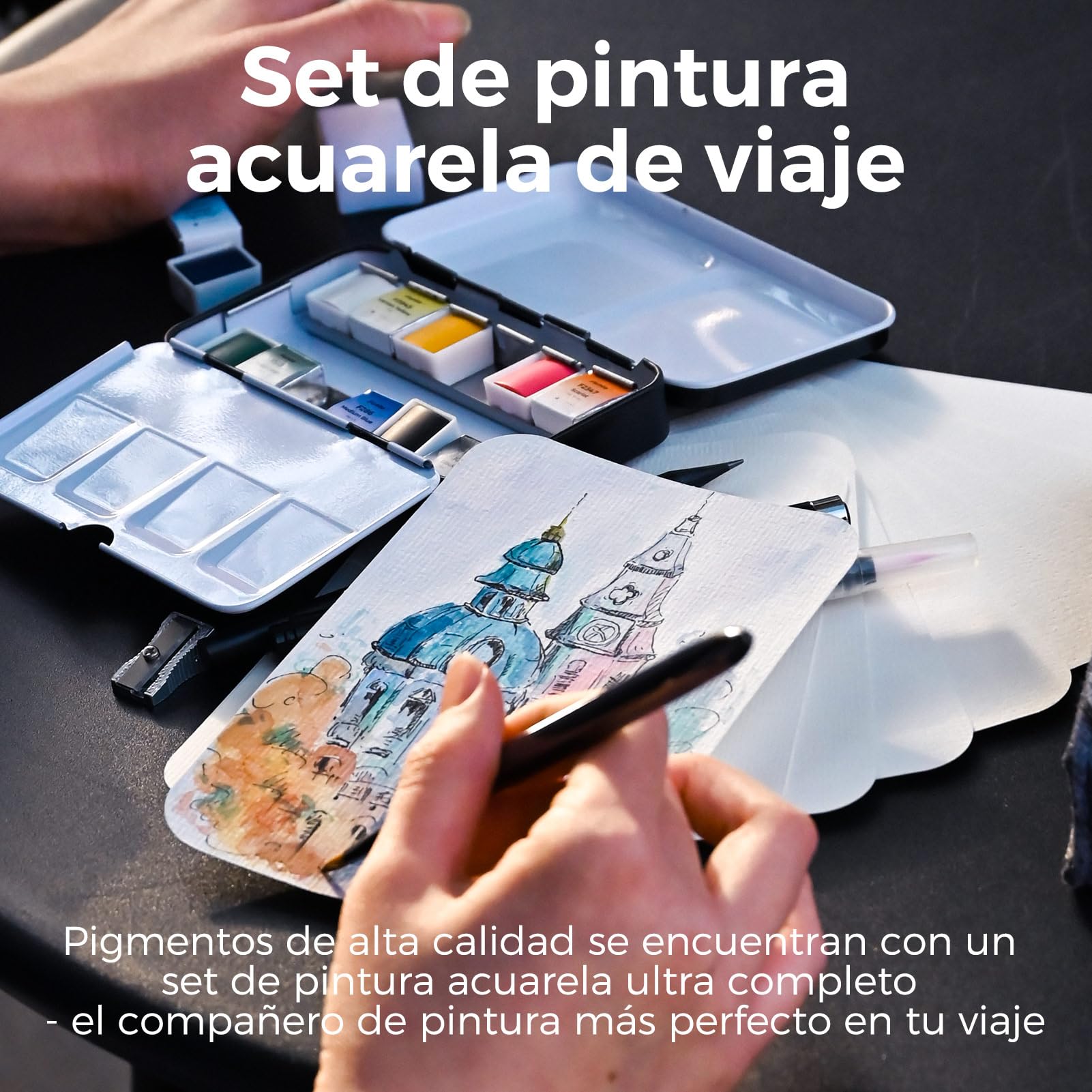 Funto Set de viaje de acuarela, 12 colores, 10 postales premium, pincel, pincel de tinta, bolígrafo fineliner, lápiz, conjunto de pintura para adultos, principiantes y artistas