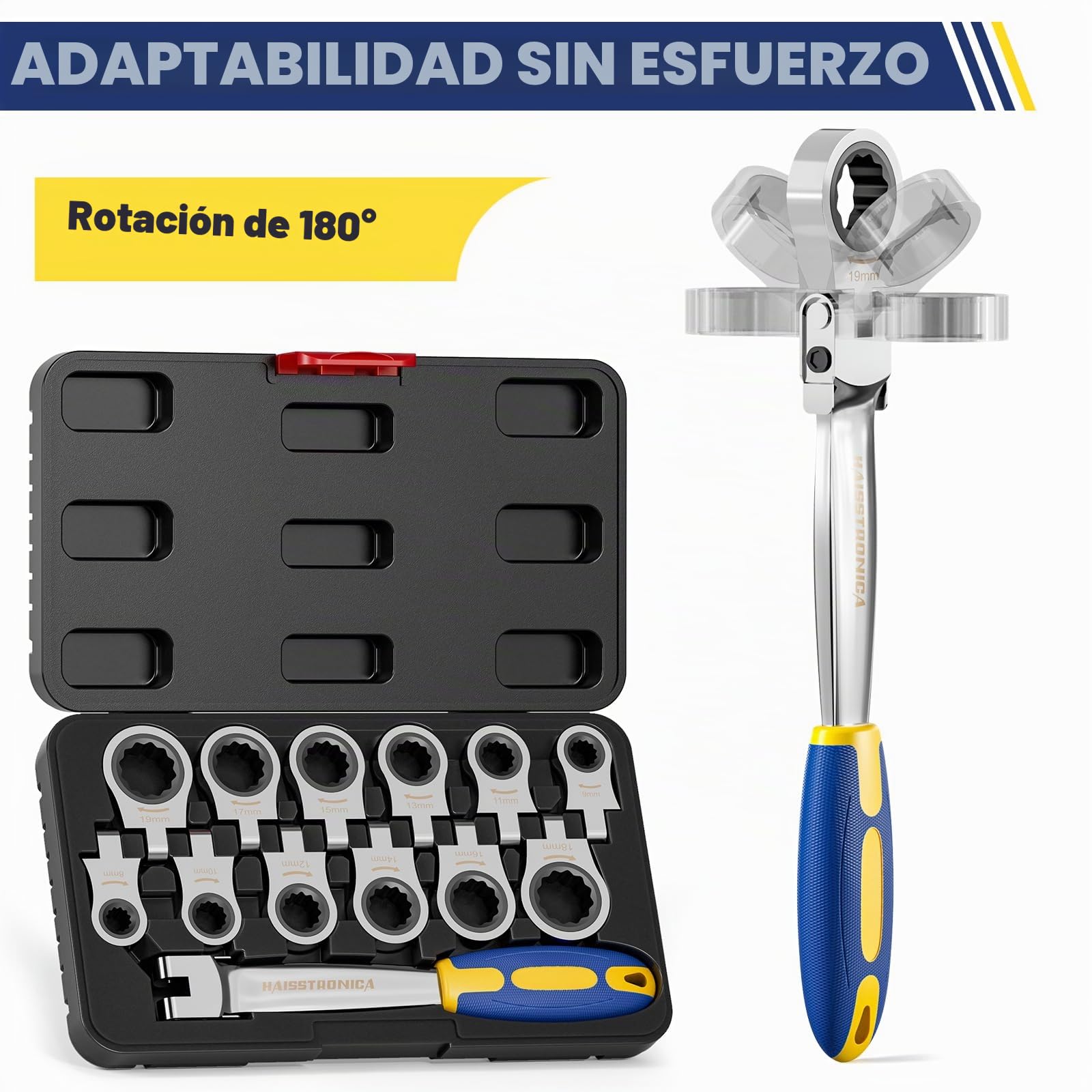 haisstronica Kit de Llaves de Carraca 12 en 1 – Llaves de Anillo Métricas de 8–19 mm con Cabezas Intercambiables para Automóvil, Juego de Llaves de Carraca para los Tornillos Principales del Vehículo