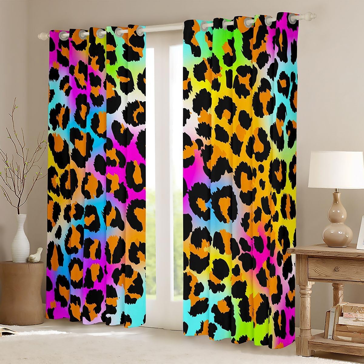 Feelyou Leopard Curtains Neon Rainbow Leopard Fur Window Drapes Mottled Exotic Panthera Skin Window Curtains for Bedroom Decor Colorful Camouflage Safari Theme Window Treatments, 42x63 Inches,2 Panels