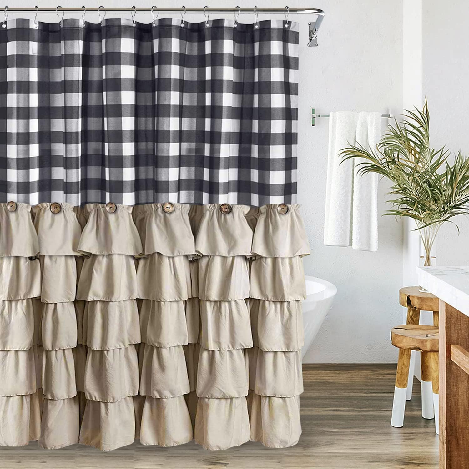 Seasonwood Grey Farmhouse Shower Curtain Extra Long 84 Inch Gray and White Buffalo Plaid Pattern Fabric 72"x84" Shower Curtains with Buttons & White Ruffles for Bathroom Long Shower Curtain 84 Length