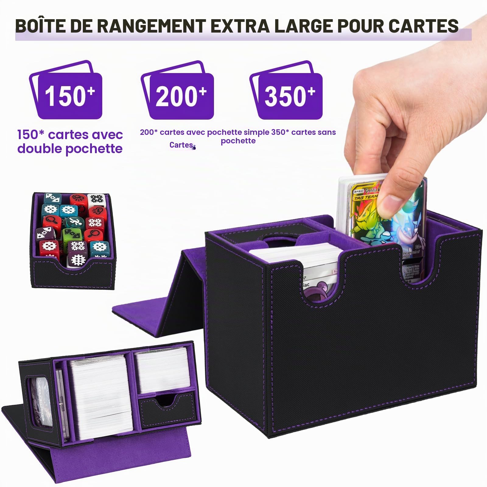 Boîte de rangement de grande capacité pour cartes MTG Commander, boîte de rangement pour cartes à collectionner avec côté transparent et bac à dés, vitrine pour cartes TCG, peut contenir 150