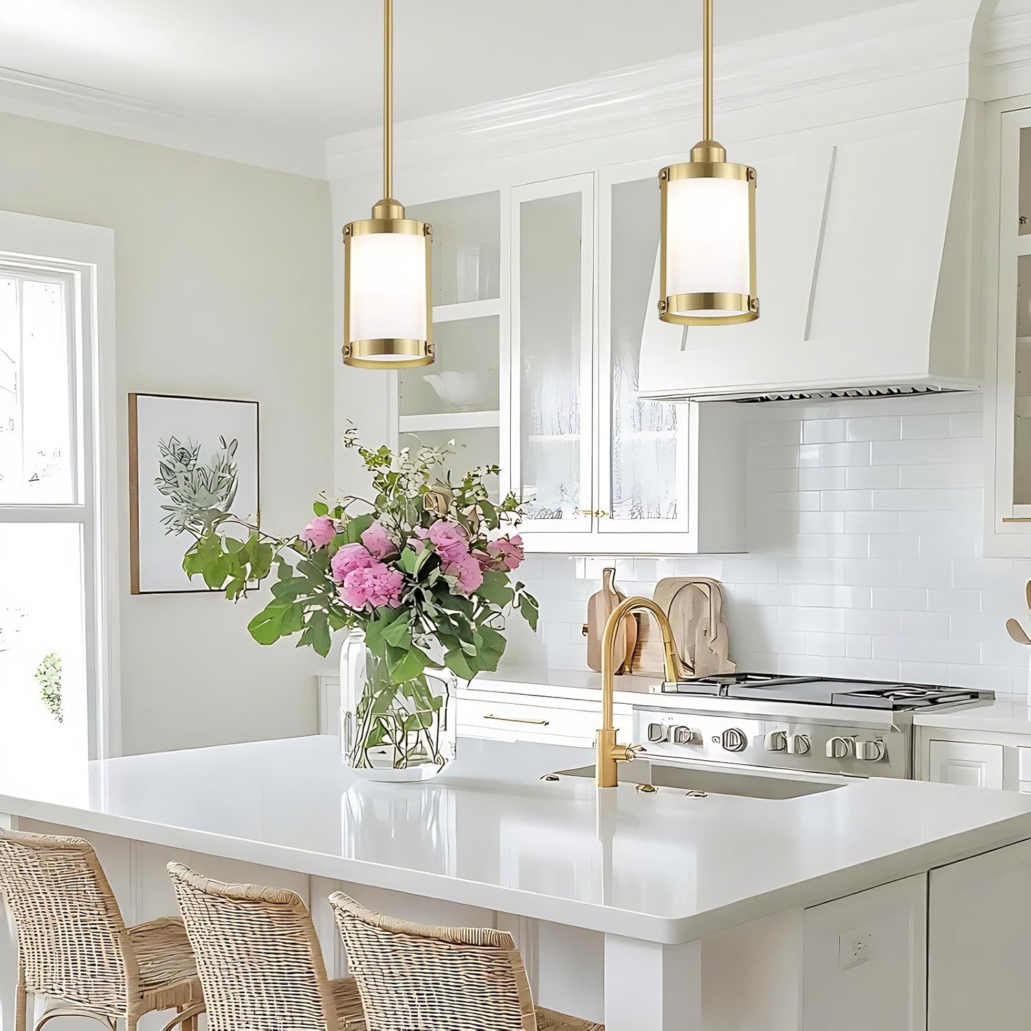 Brushed Gold Milk Glass Pendant Light Kitchen Island,Modern Brass Mini Pendant Lighting,Farmhouse Art Deco Chandelier Hanging Light Fixtures Over Sink for Dining Room