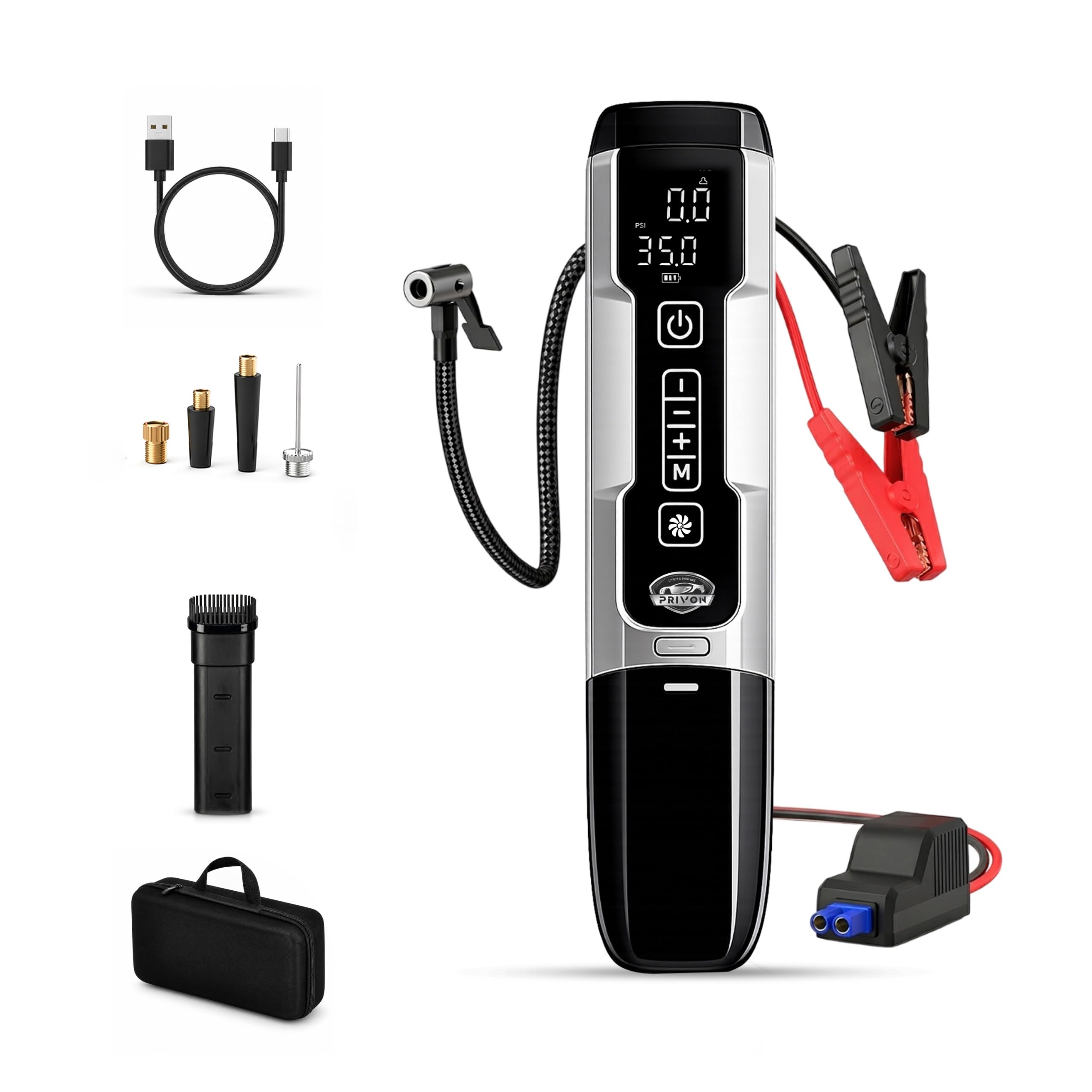 PRIVON 5-in-1 Car Emergency Kit with Jump Starter, Tyre Inflator, Vacuum Cleaner & LED Emergency Light | 150 PSI air Pump, 8000Pa Suction, 600A Peak Current, Type C Rechargeable & Portable (RESQ X5)-image-44