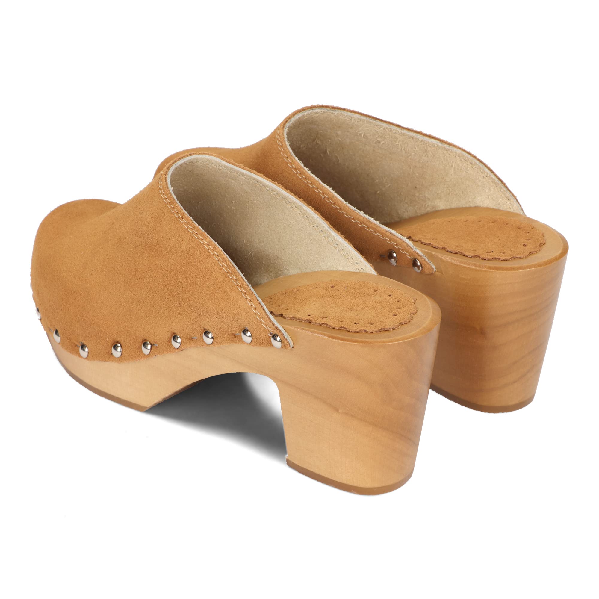 BeComfy Femme Sabots Suède Talons Hauts Mules Naturel Cuir Daim Chaussures en Bois 35-41 EU