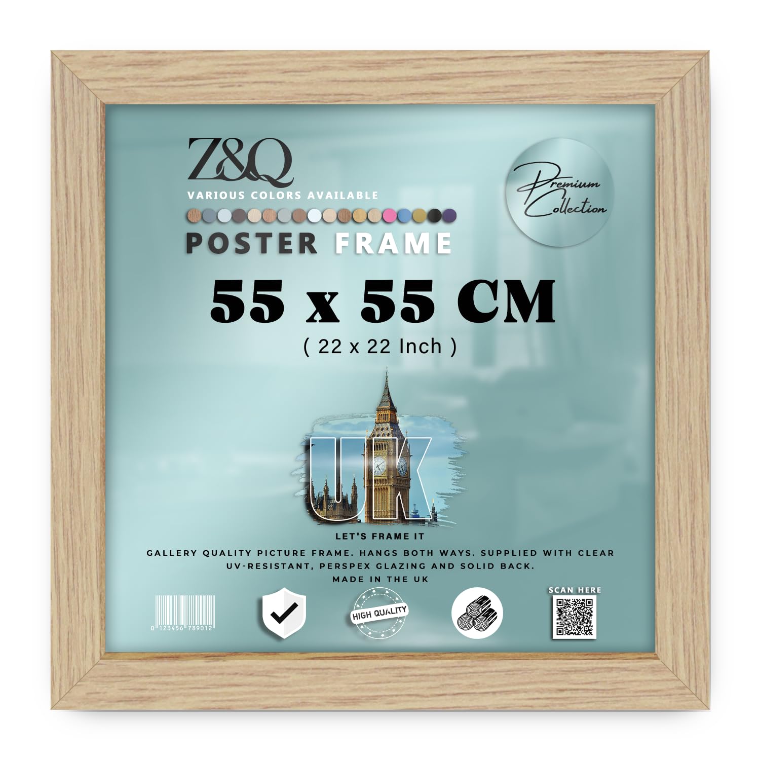 Z&Q | MDF Poster Frame (55 x 55 CM) 22x22 Inch for Modern Pop Art, Digital Prints & Wall Art, Stylish MDF Finish, Secure Hanging for Home Décor [ Oak ]