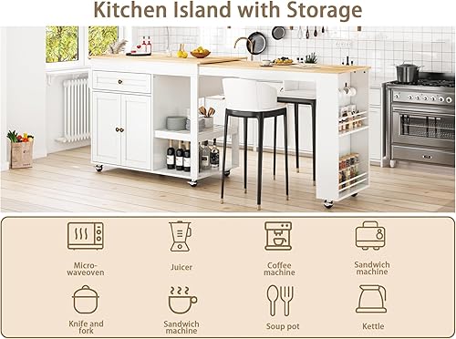 Miniatura 3 de Isla de cocina de 77.8 pulgadas con mesa extensible, isla de cocina rodante con armario de almacenamiento, cajones, estante para especias, toallero,