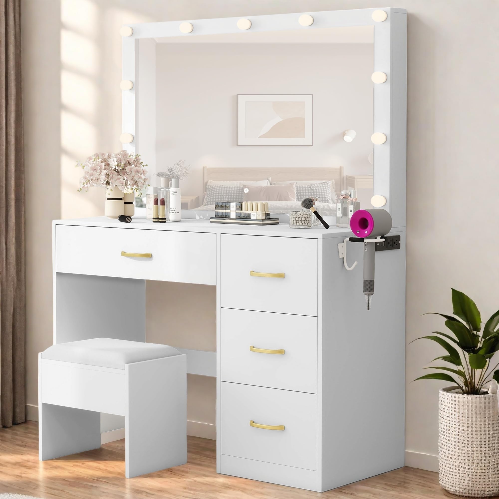 dwvo makeup vanity with lighted mirror, vanity desk with power strip, adjustable lighting, 4 drawers, and cushioned stool