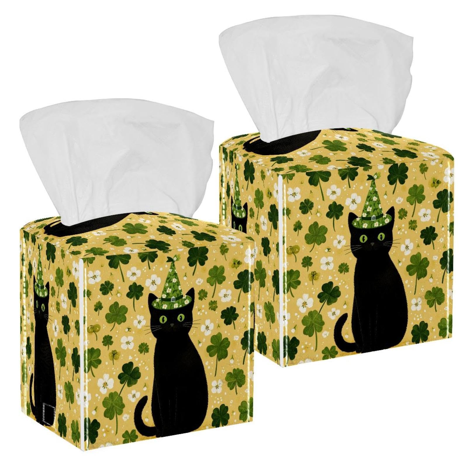 Cat and Clover Tissue Box Cover, 2 Pack PU Leather Square Facial Tissue Dispenser Box holder for Home Office Car