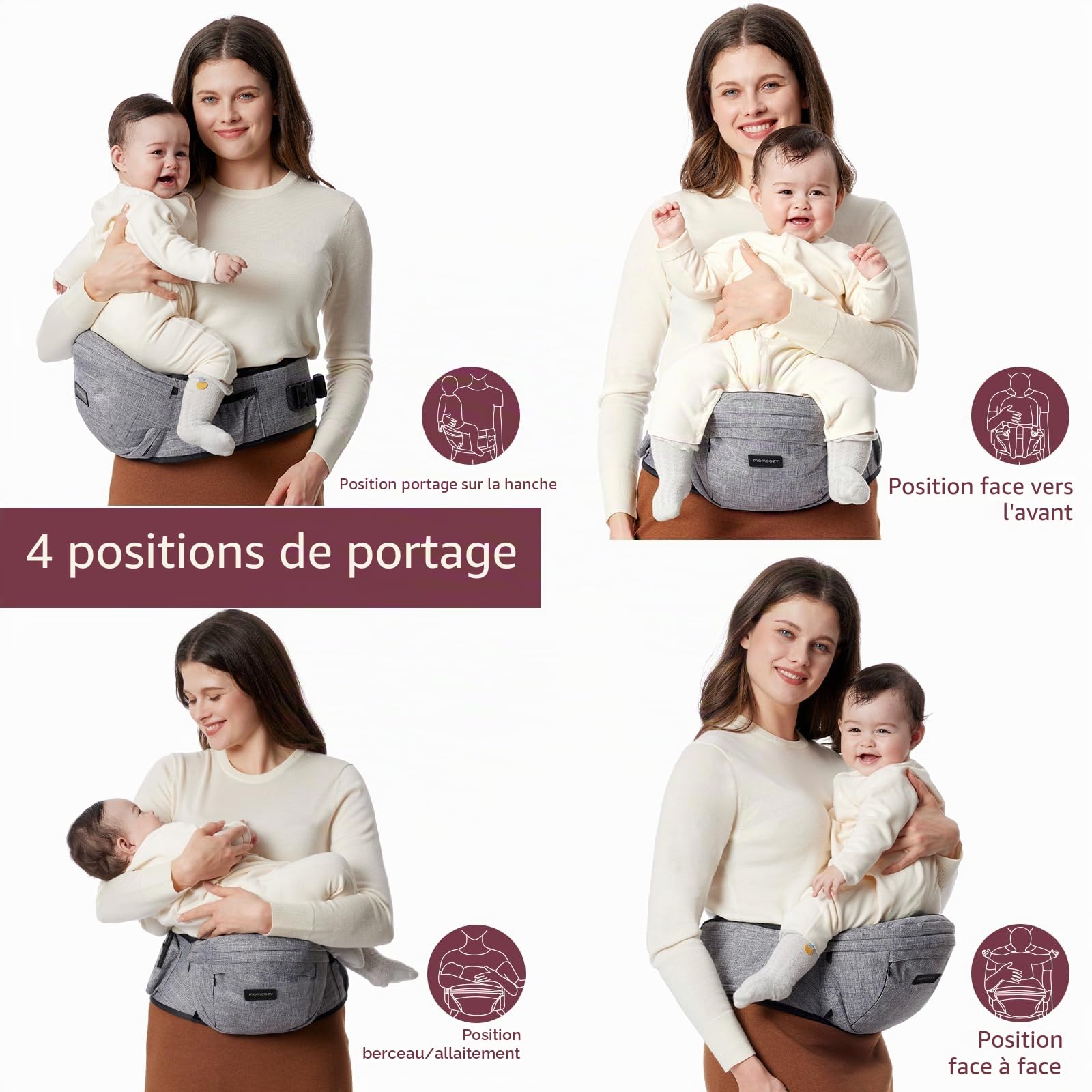 Momcozy Hip Seat Porte-bébé – Ceinture réglable avec protection ventrale 3D d'origine, porte-bébé ergonomique avec diverses poches, pour nouveau-nés et tout-petits jusqu'à 20,4 kg (gris, taille M)
