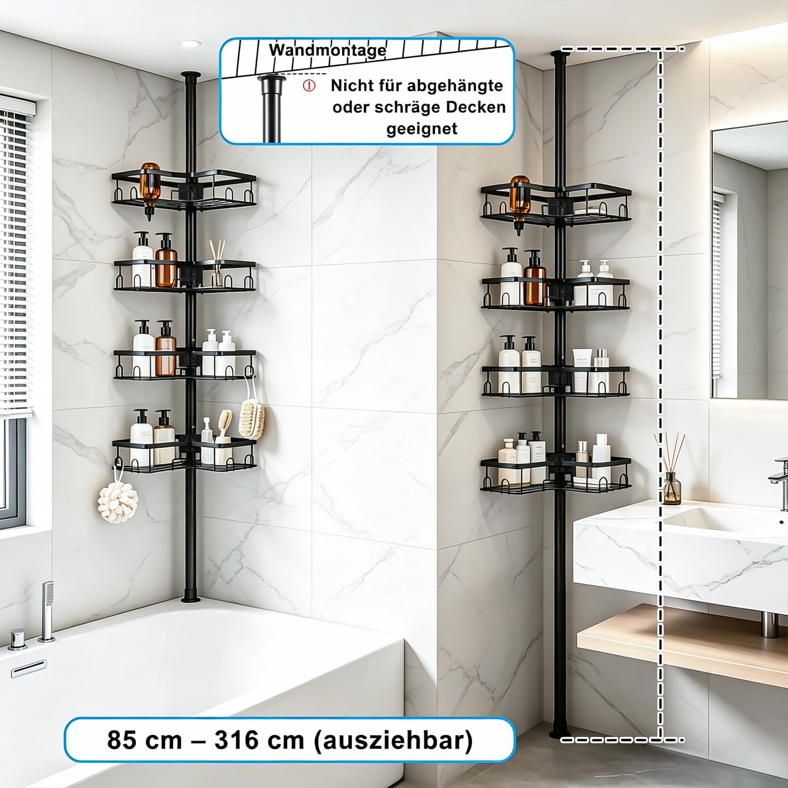 Duschablage ohne Bohren, Duschablage, Badezimmer Organizer – L-förmiges 4-Ebenen Eckregal aus Carbonstahl, matt schwarz, 85-316 cm, 25 mm Rohr, höhenverstellbar, verstellbare Ebenen