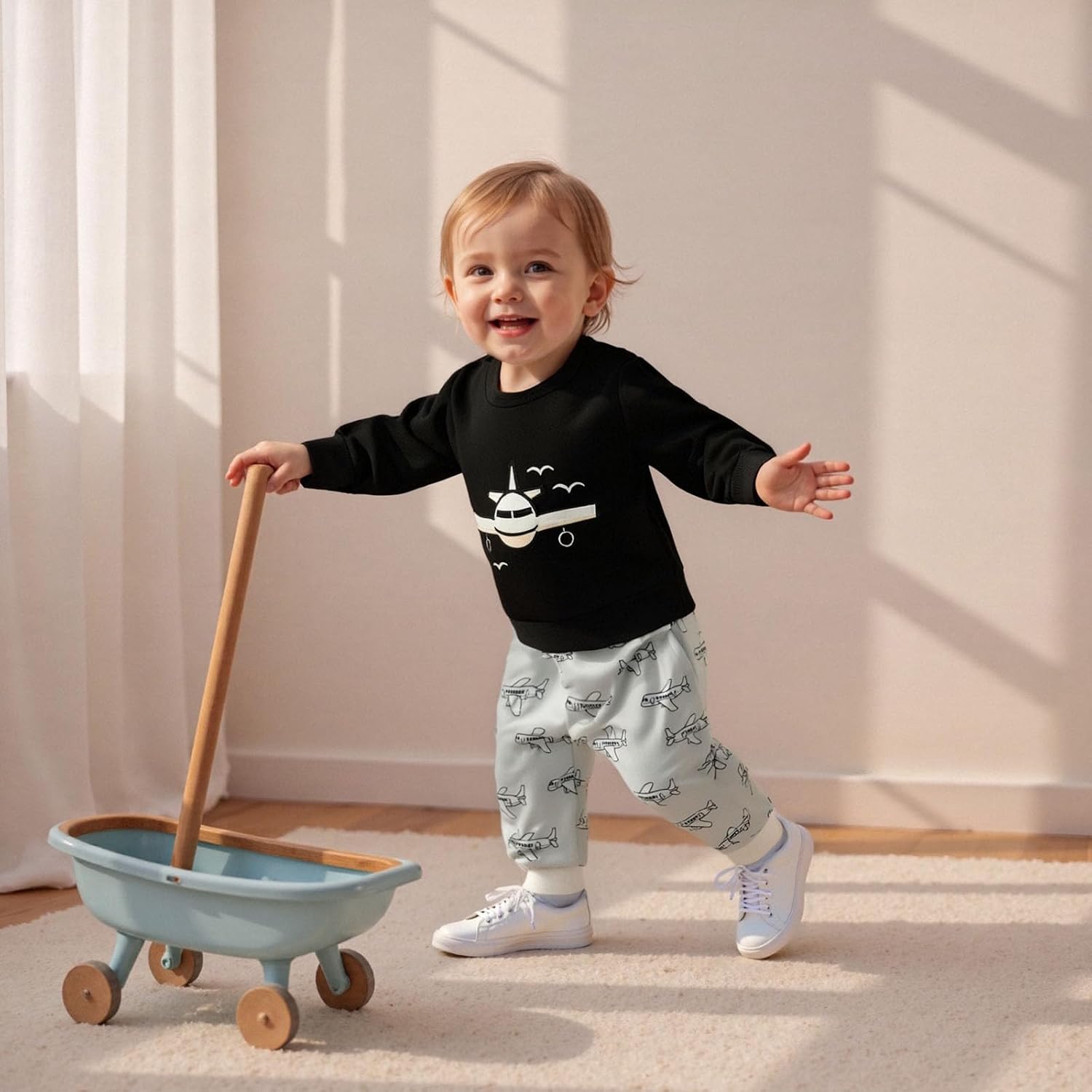 Toddler Baby Boy Fall Outfit Airplane Embroidery Long Sleeve Sweatshirt Pullover Tops Joggers Pants Set 2Pcs Clothes