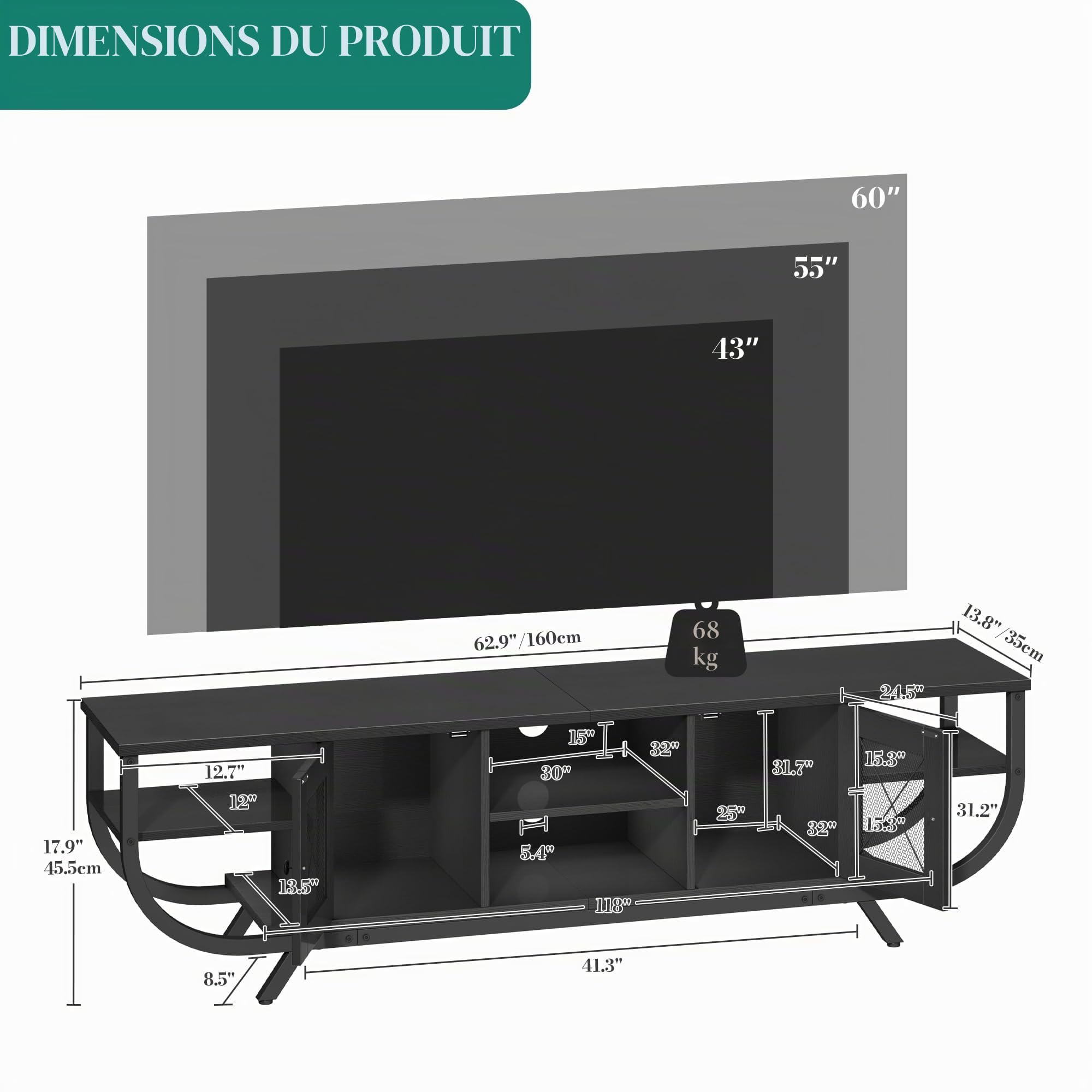YITAHOME Meuble TV Industriel, Meuble Télé 160 cm Longueur pour Téléviseur Jusqu’à 65 Pouces avec Rangement Spacieux, Éclairage LED RGB, Cadre en Métal, Meuble Tele Salon, Chambre, Noir