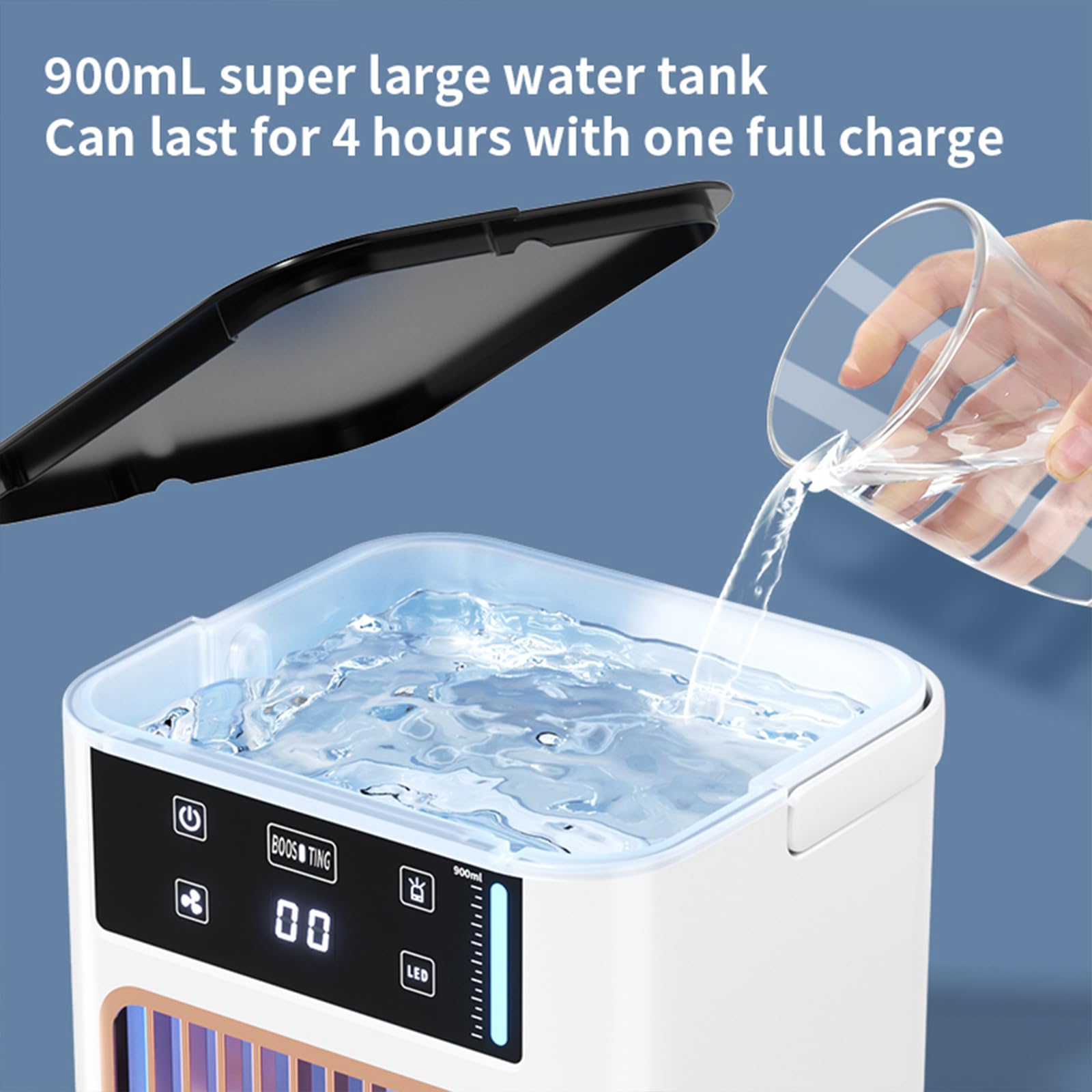 Składana chłodziarka powietrza z wentylatorem, wyparna, ze zbiornikiem na wodę 900 ml, 3 prędkości, osobisty wentylator klimatyzatora USB, biurkowy wentylator chłodzący z lampką nocną, do domu, biura