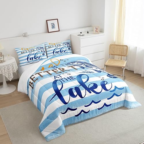 Miniatura 4 de Erosebridal Juego de edredón de pesca con lubina, diseño de peces y lubina, edredón individual de edredón para niños y niñas, juego de ropa de cama