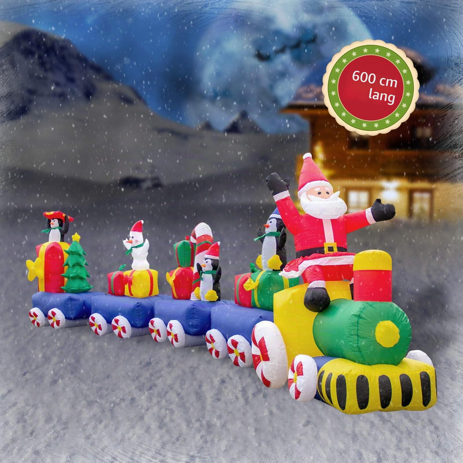 Pridea Weihnachtszug Eisenbahn 600 cm Weihnachtsdeko Aussen Zuckerstangen Aufblasbarer Weihnachtsmann Schneemann XXXL Weihnachtshüte Wasserfeste Weihnachtsdekoration Weihnachten Chrismas mit Gebläse