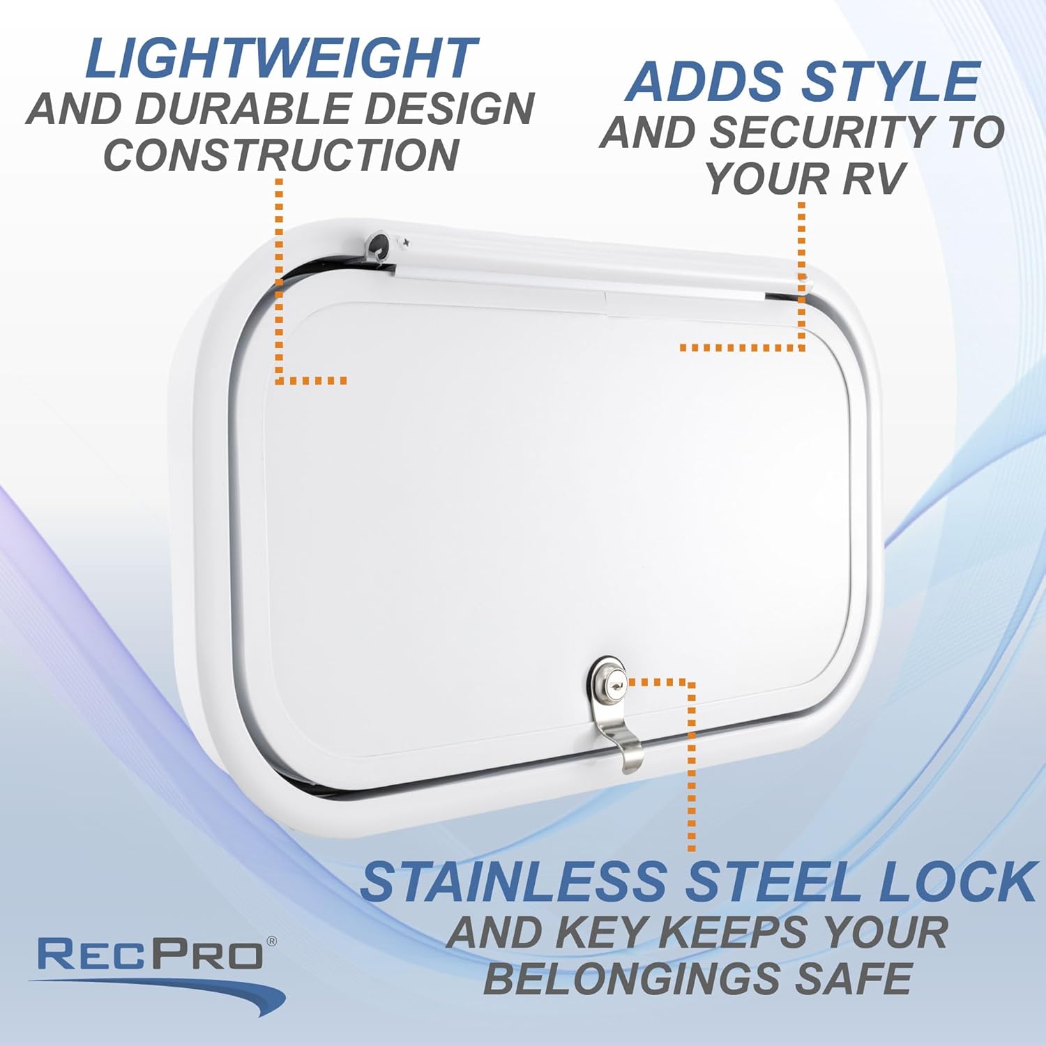 RecPro RV Baggage Compartment Door | 20" W x 11" H | Fiberglass | Rounded Corners | Weather-Tight Seal | Made in America (White)