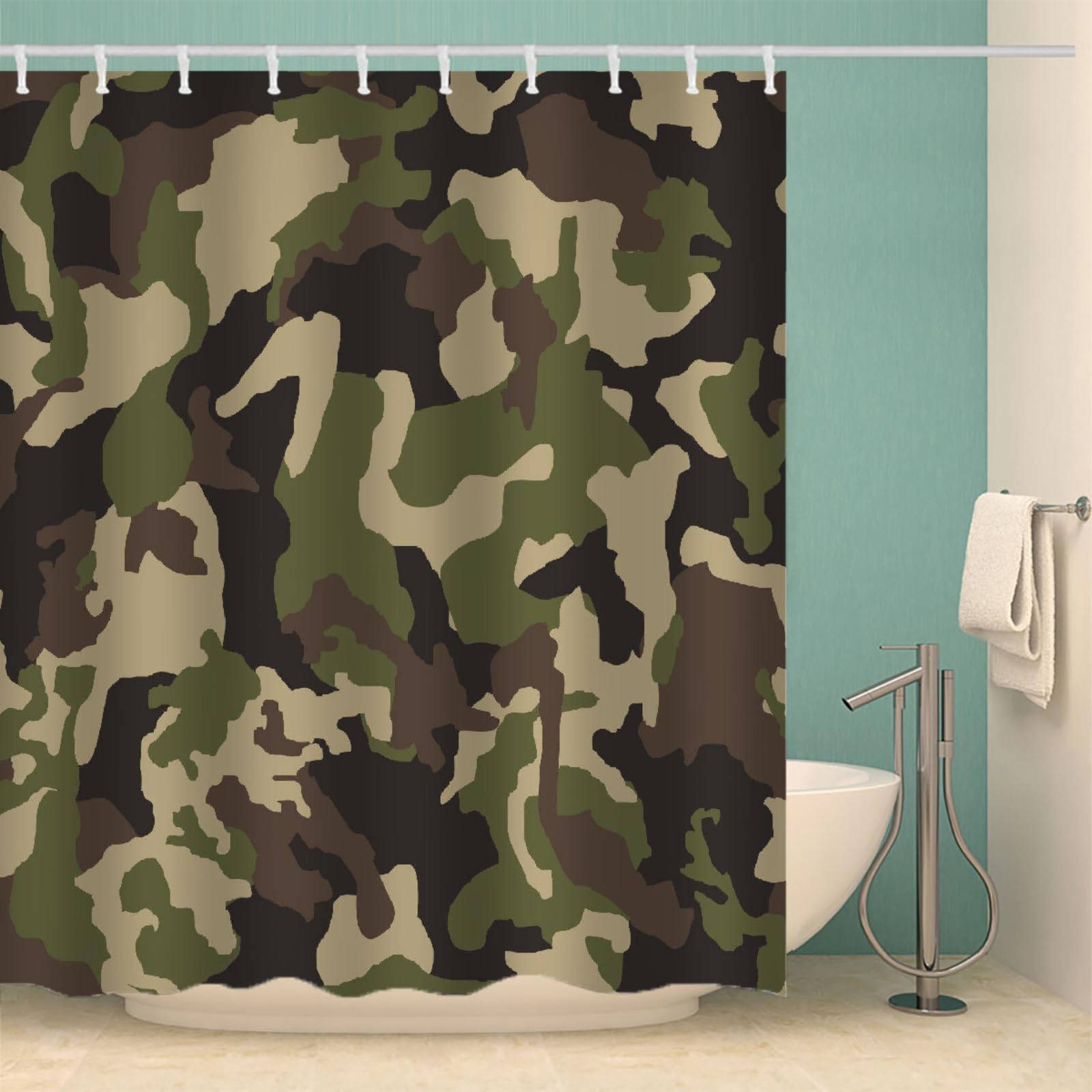 3D Camouflage Shower Curtain 180x180 cm Camouflage Shower Curtain Quick Drying 100% Polyester Fabric Waterproof Washable Bath Curtains for Shower ​with 12 Rings（Style 47-20）