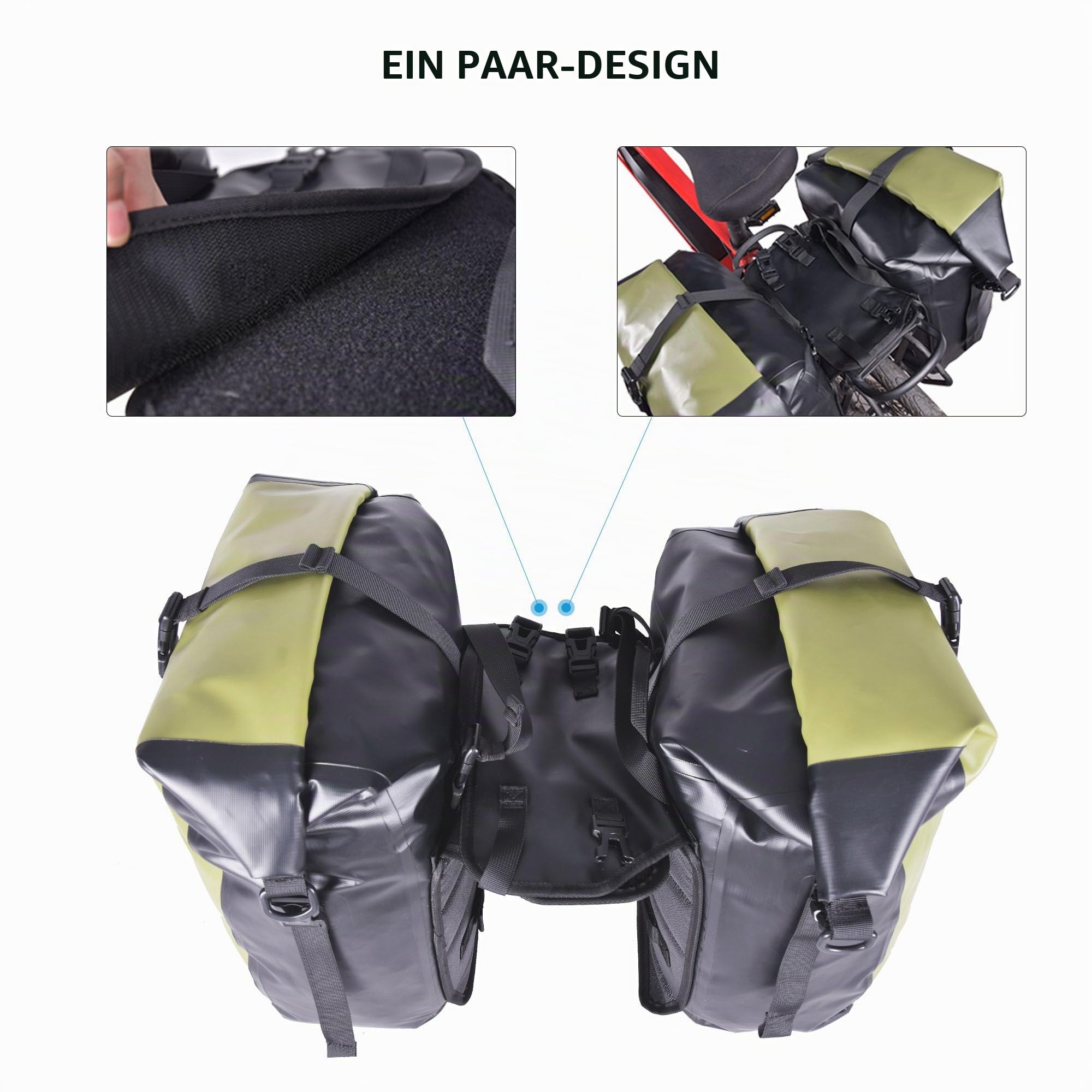 wasserdichte Fahrradtaschen - 50L Satteltaschen für Fahrrad-Gepäckträger - Fahrradtasche für Einkäufe, Laptop(grün, 1 Paar)