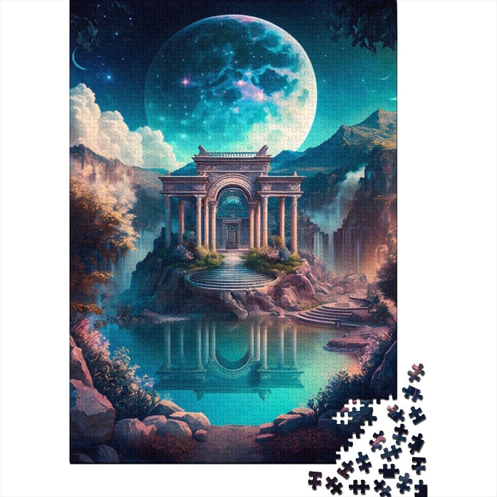fantasy ancient archway 1000 piece jigsaw puzzle for adults paperboard mystical moonlight lake art wall art decor unique — image 1