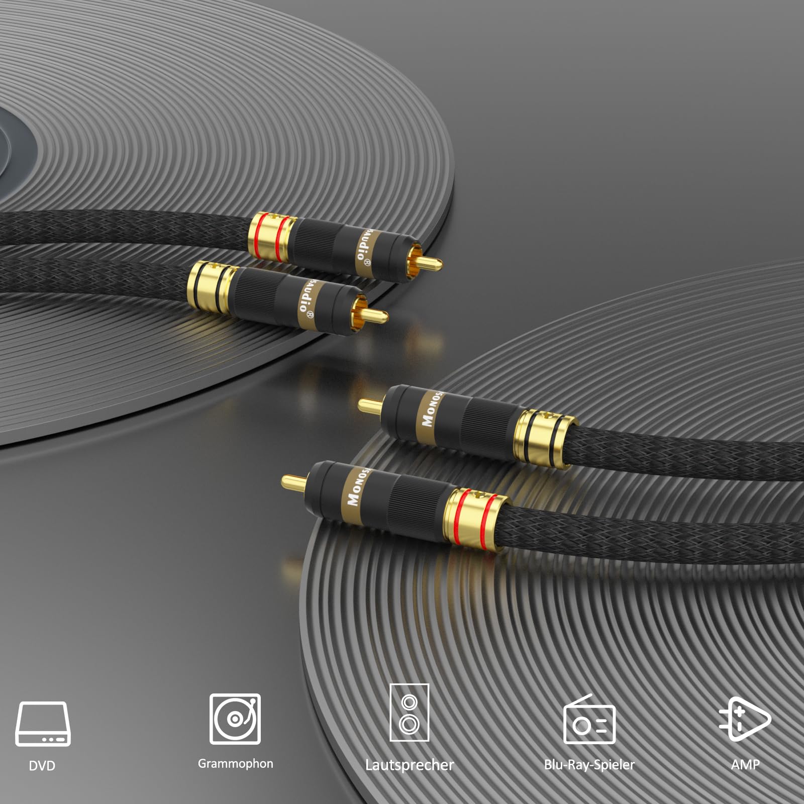 Monosaudio High-End HiFi Cinch-Kabel 1m A202R | 5N OFC Versilbert Kupfer, 24K Vergoldete Kontakte, Doppelabschirmung geflochten