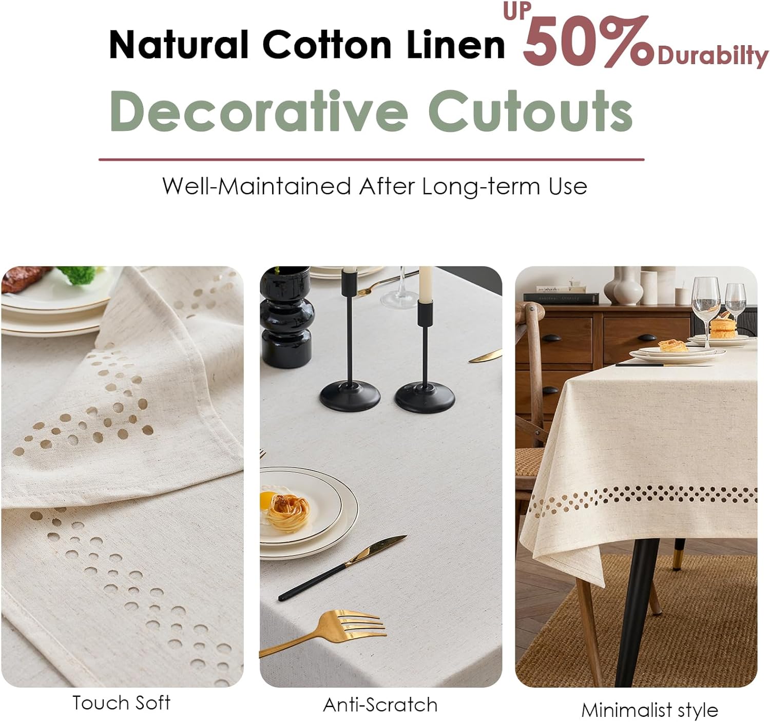 Natural Linen Cottton Tablecloth, Rectangle Tablecloth with Decorative Cutouts, Stain Resistant & Wrinkle Free Farmhouse Table Cover for Kitchen Dining Party Camping, 102" x 60"