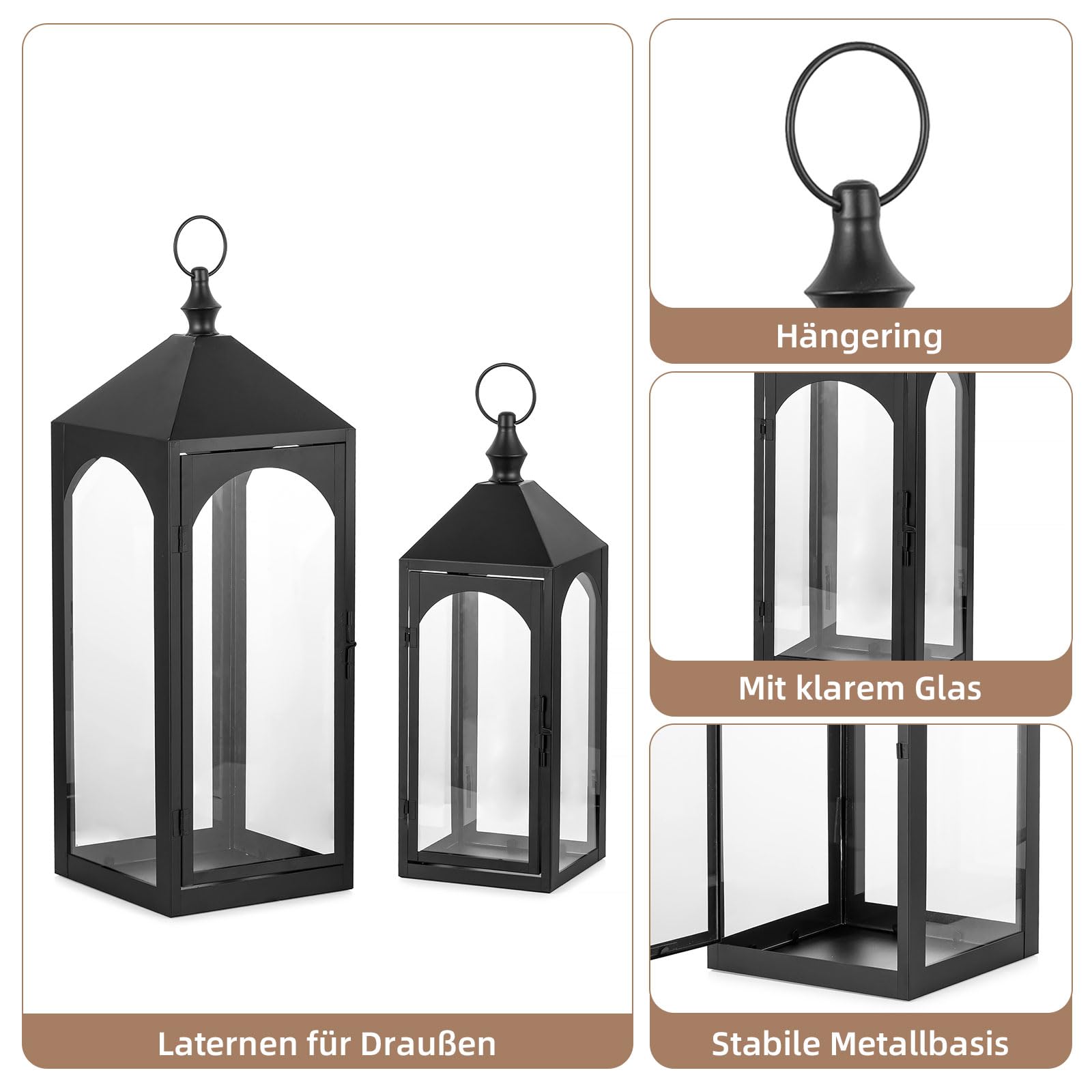 Groß Laternen für Draußen Wetterfest: 2er Set 43/59 cm XXL Windlicht Outdoor als Balkon Garten Deko schwarz Gartenlaterne Kerzenhalter mit Glas