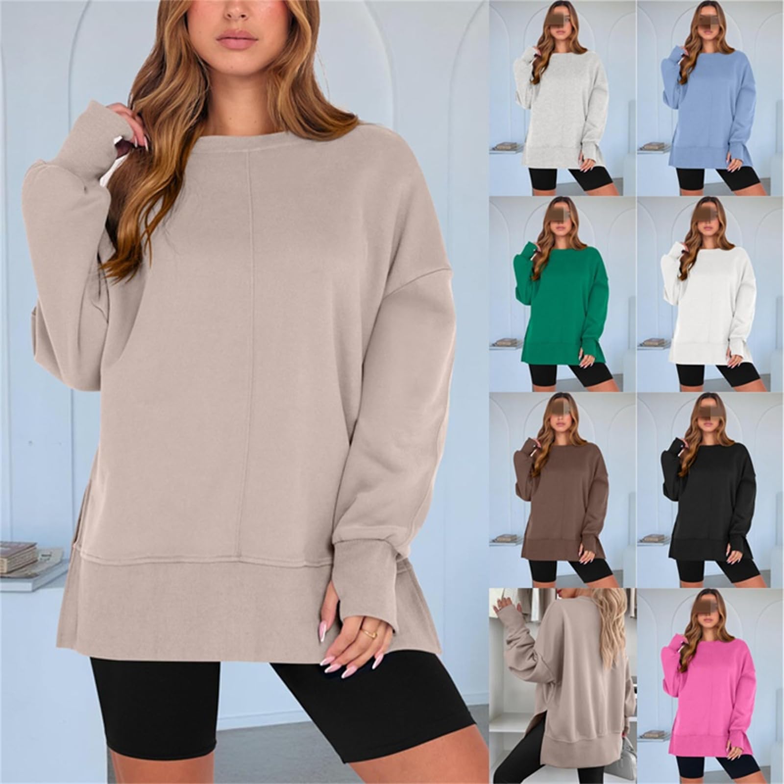 Bluza damska z otworem na kciuk, bluza z kapturem z długim rękawem, koszula, wygodna górna część swetra z rozcięciem po bokach, bluzy z okrągłym dekoltem